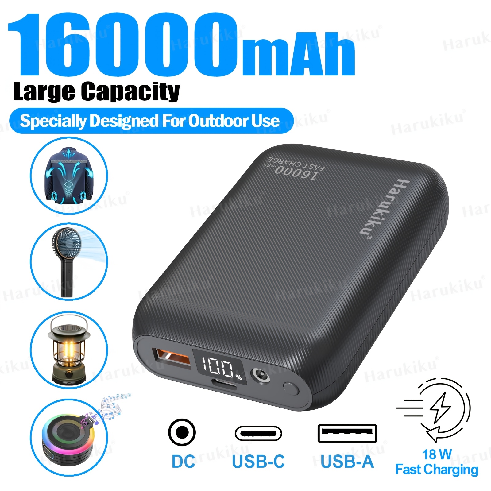 TEMU Batería Externa Portátil de 16000mAh, Cargador Compacto Grande con Pantalla LED para el del Verano, de 7.4V Compatible con Chaleco de