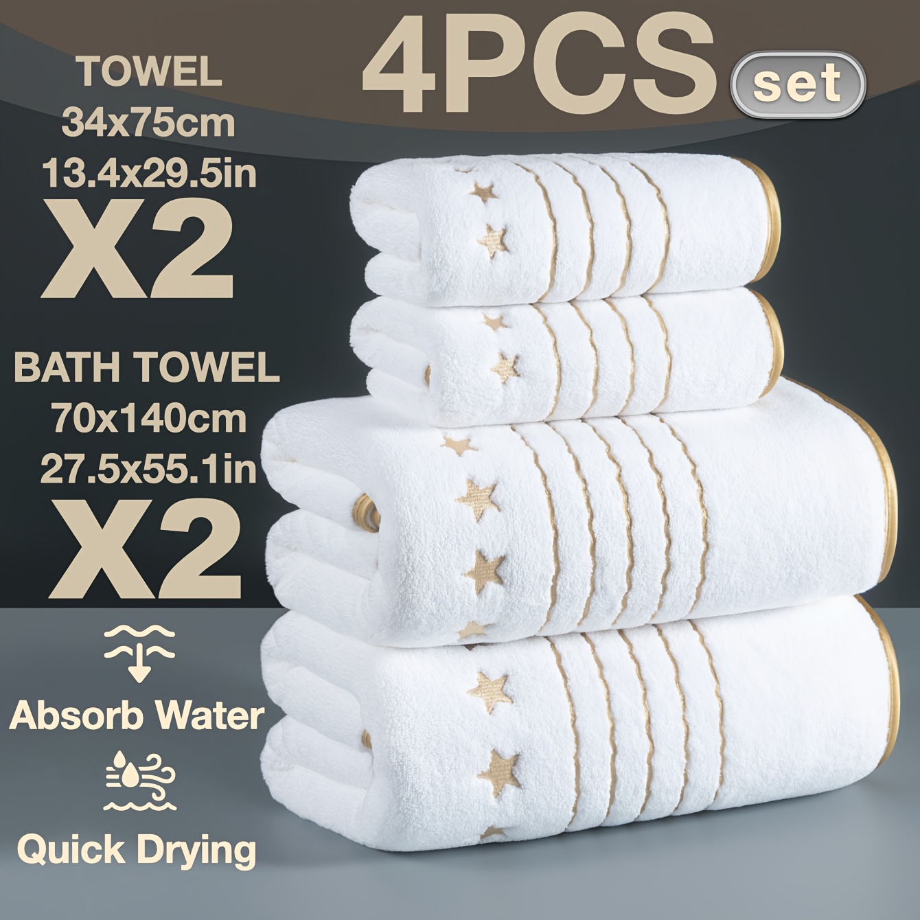 TEMU 4/6-pack High-quality Hand Towel And Bath Towel Set: 2 Bath Towels (27.5 X 55.1 Inches), 2 Hand Towels (13.4 X Inches). Thickened Microfiber,