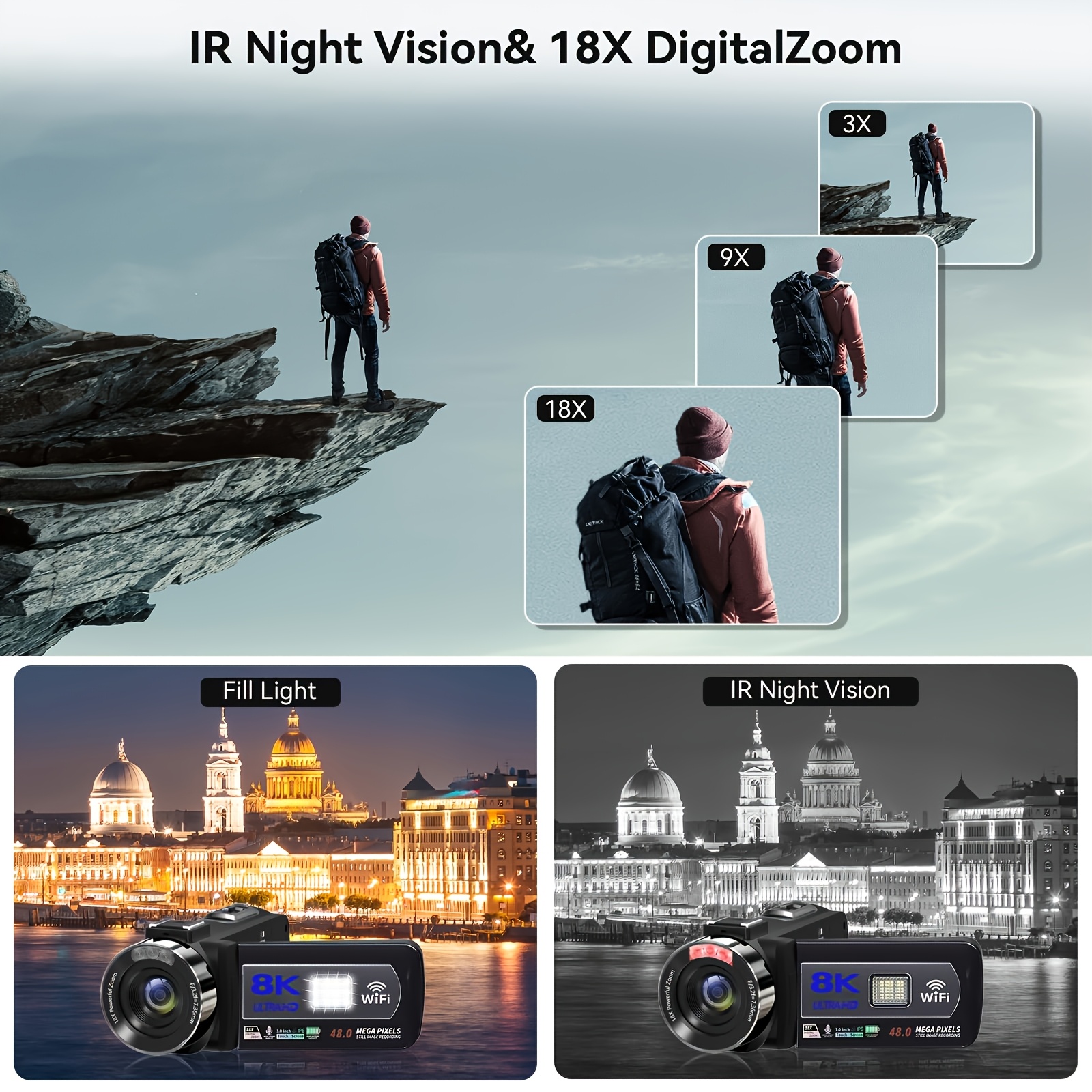 TUOGTCI 8K Camera Compatible for YouTube with 48MP/15FPS/7.62cm Touch Screen/18x Zoom/Night Vision/Fill Light/Microphone/Stabilizer/Remote Control & Battery - Vlogging Camera for Content Creation, Streaming, FPV (MP4 Recording)