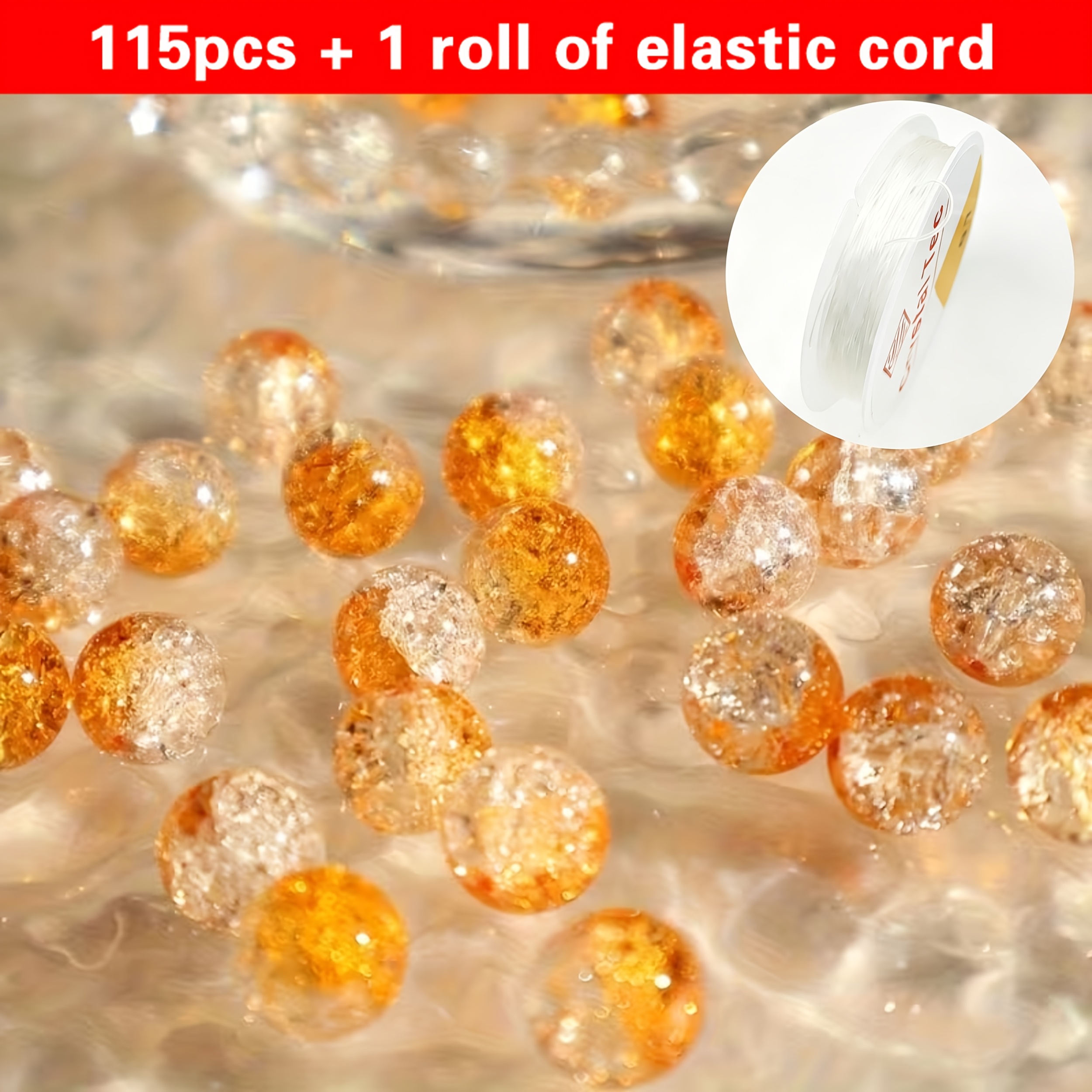 TEMU 115pcs And 1 Roll Of 8mm Elastic Cord Bright Shiny Straight Hole Glass Beads - Suitable For Holiday Decoration, Clothing Additions, Home Decor,