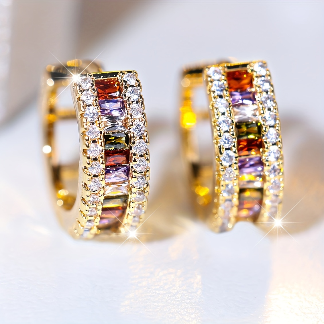 

Luxurious Rainbow Synthetic Cubic Zirconia Earrings, Golden Earrings For Women - Daily Gift Party Wear