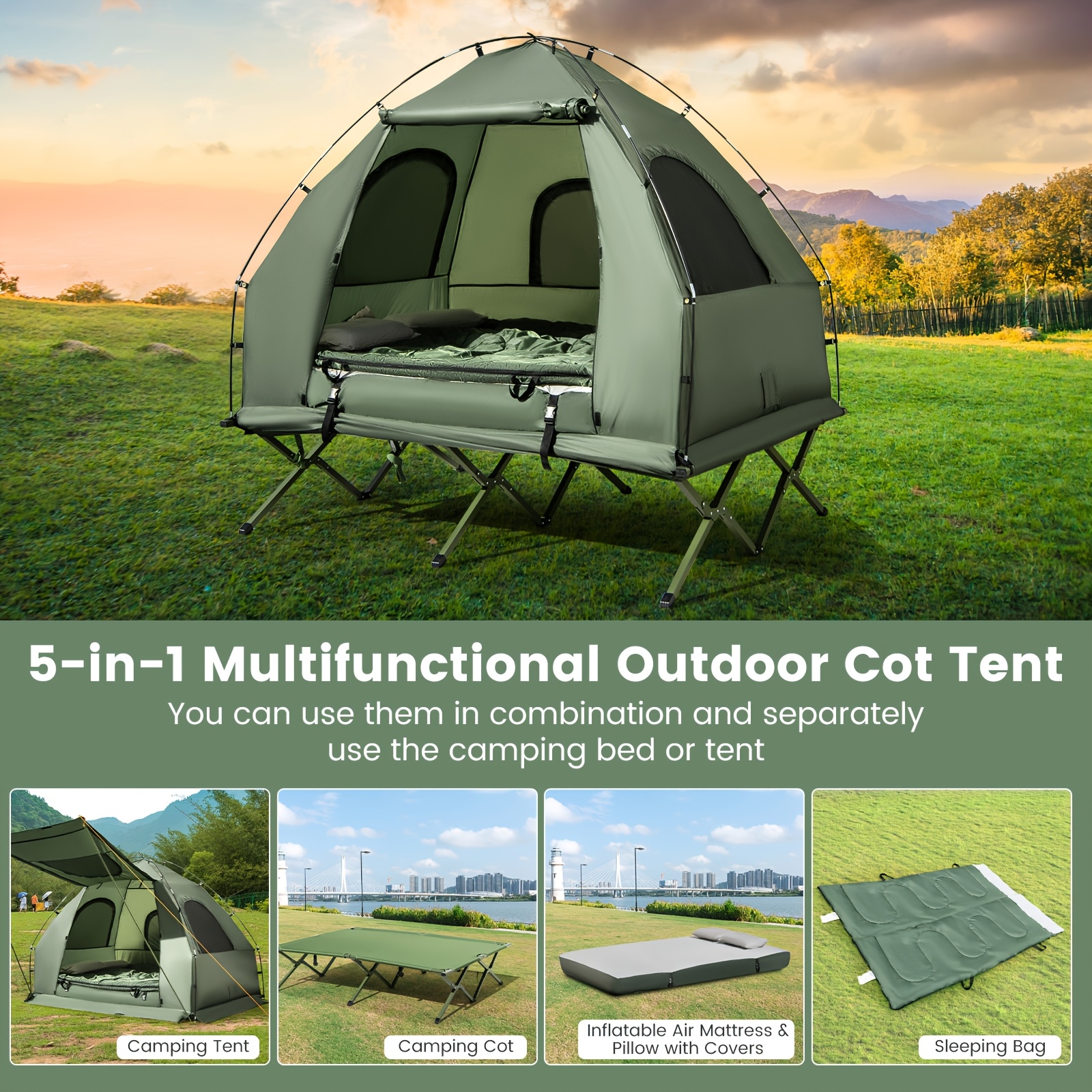 2-Person Camping Tent Cot, 5-in-1 Folding Camping Bed With Air Mattress, Pillow, Sleeping Bag, Waterproof Elevated Tent Shelter, Portable Outdoor Sleeping Cot With Carry Bag For Picnic, Trip