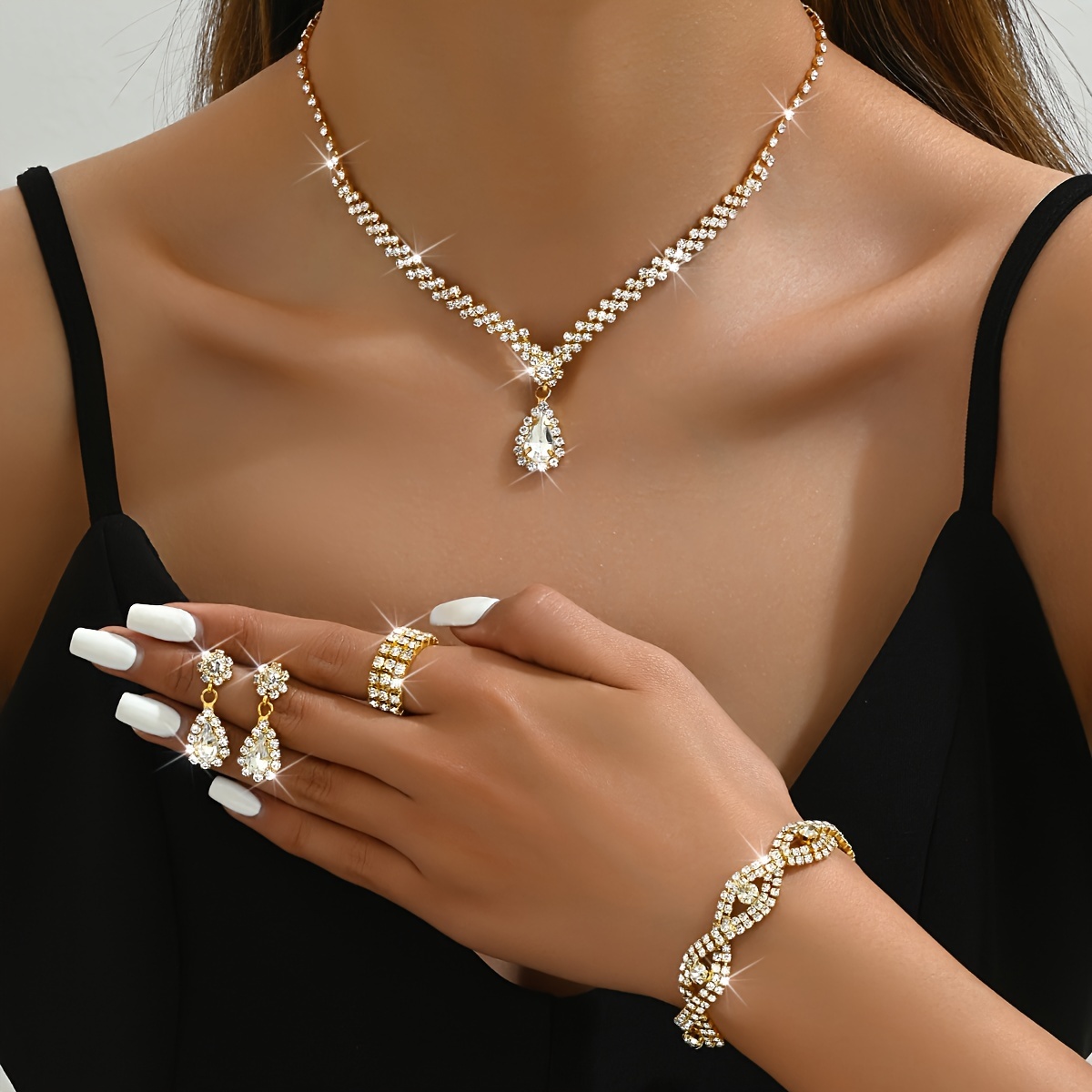 

Elegant 4-piece Jewelry Set Toward Women - Silvery & Golden Plated With Sparkling Rhinestones, Includes Necklace, Earrings, Bracelet, Ring - Perfect Toward Parties & Gifts