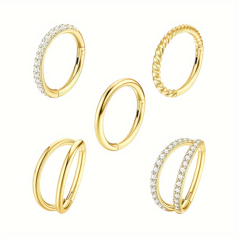 5pcs Stainless Steel Double Layer Single Ring Inlaid Synthetic Zirconia Nose Ring Earrings