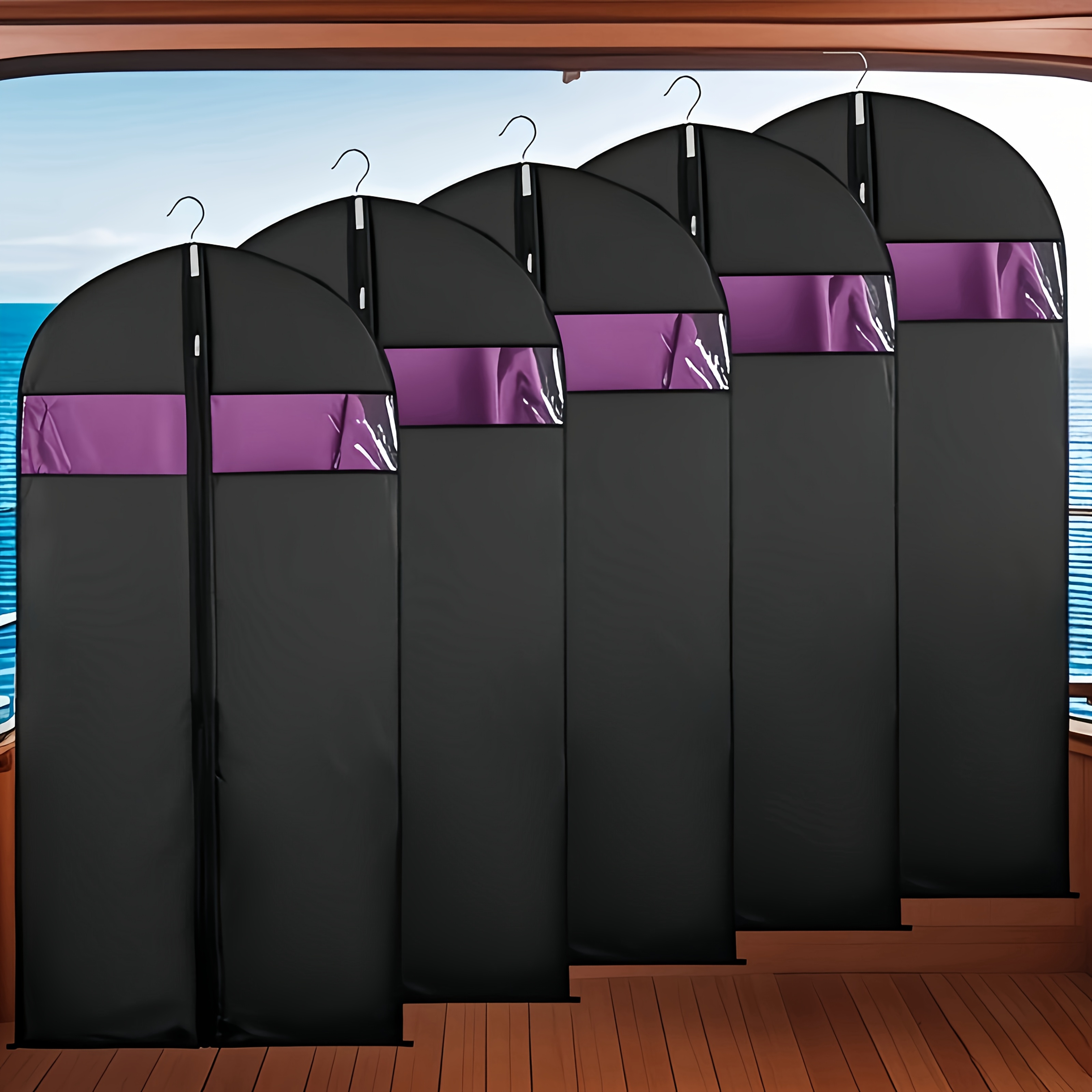 5pcs Black Washable Suit Covers with Transparent Windows for Shirts, Suits, Dresses – Multiple Sizes Up to 55" Length