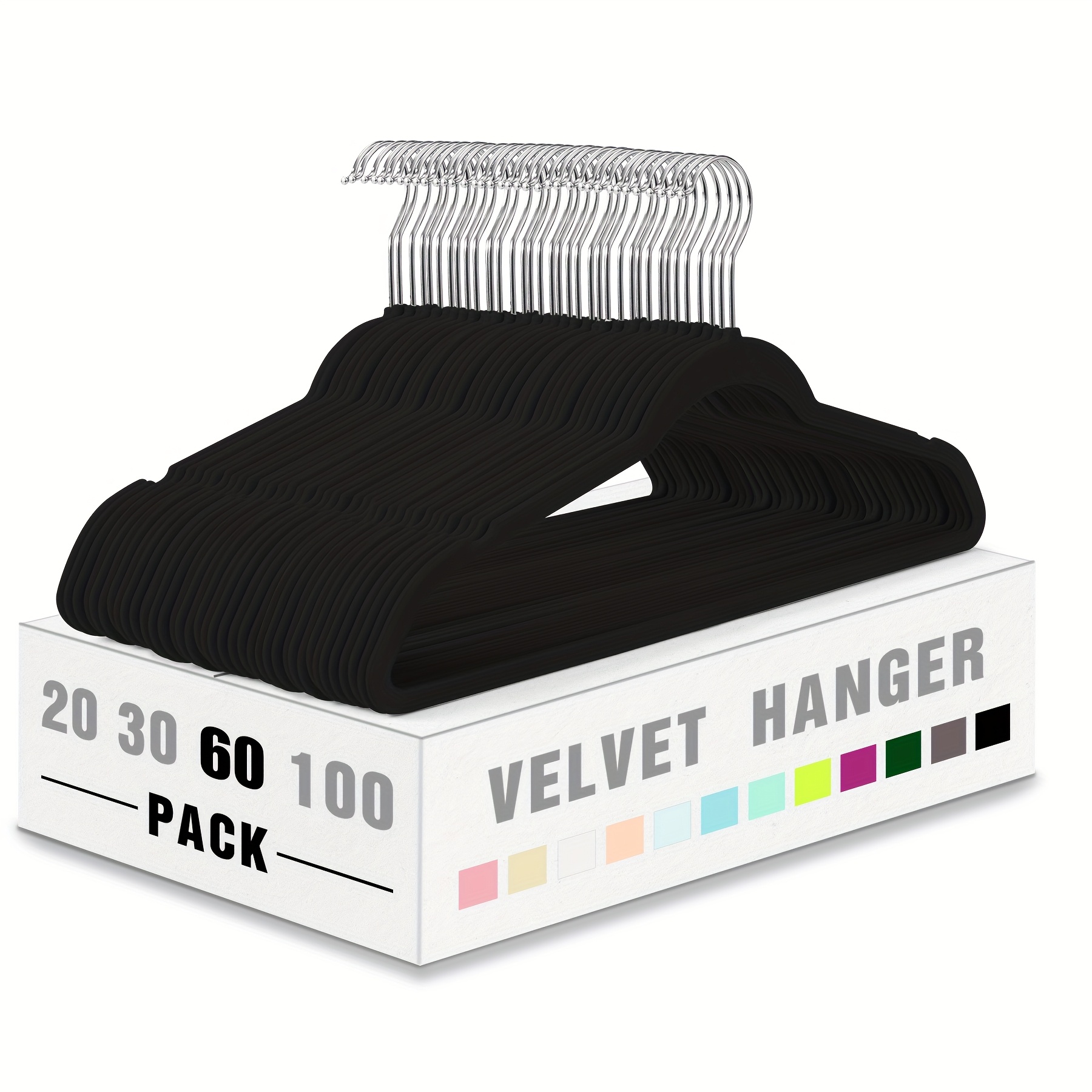 E-shop 60er Pack Schwarze Samt-Kleiderbügel, Schwerlast, Rutschfeste Drehhaken, Platzsparend & Langlebig für Anzüge, Mäntel, Kleidung –