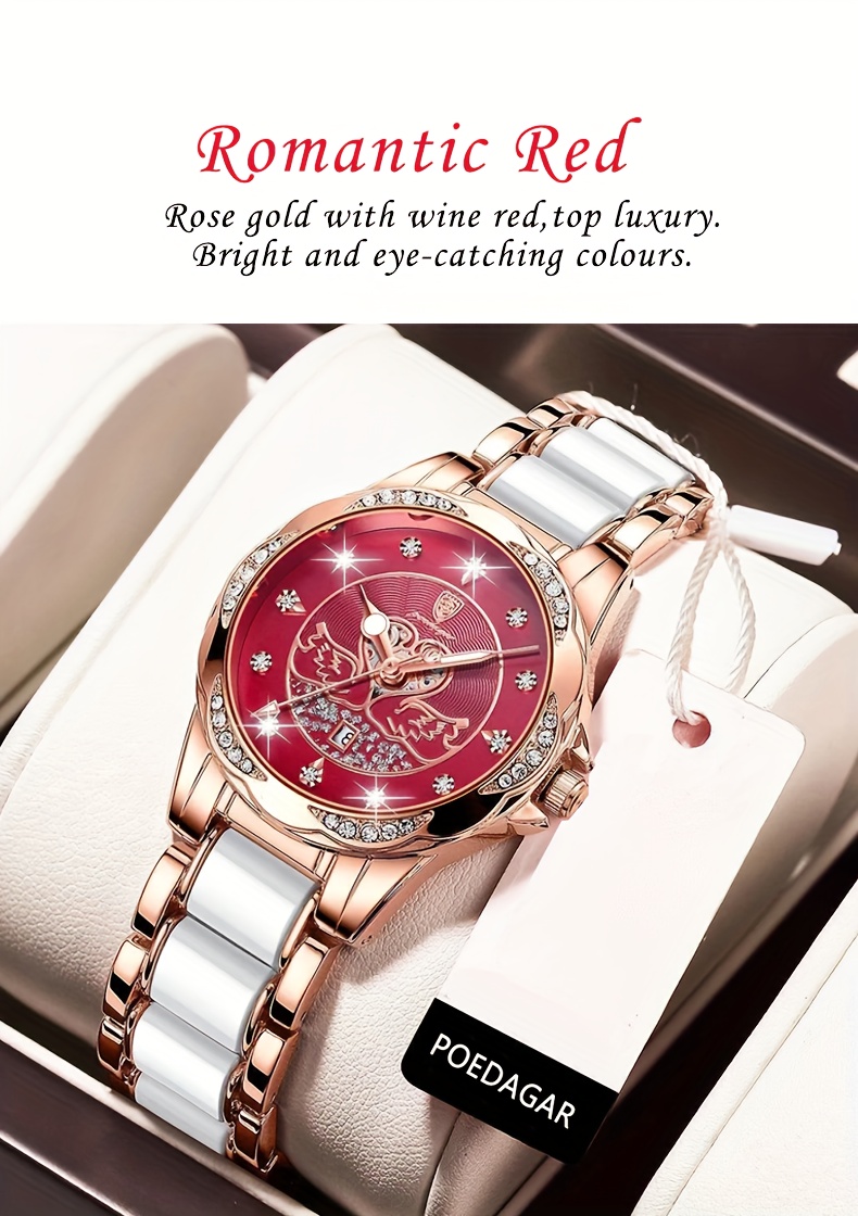 elegant womens quartz watch stainless   calendar feature fashionable design with pink and white accents casual wristwatch elegant   precise   alloy case watch details 2