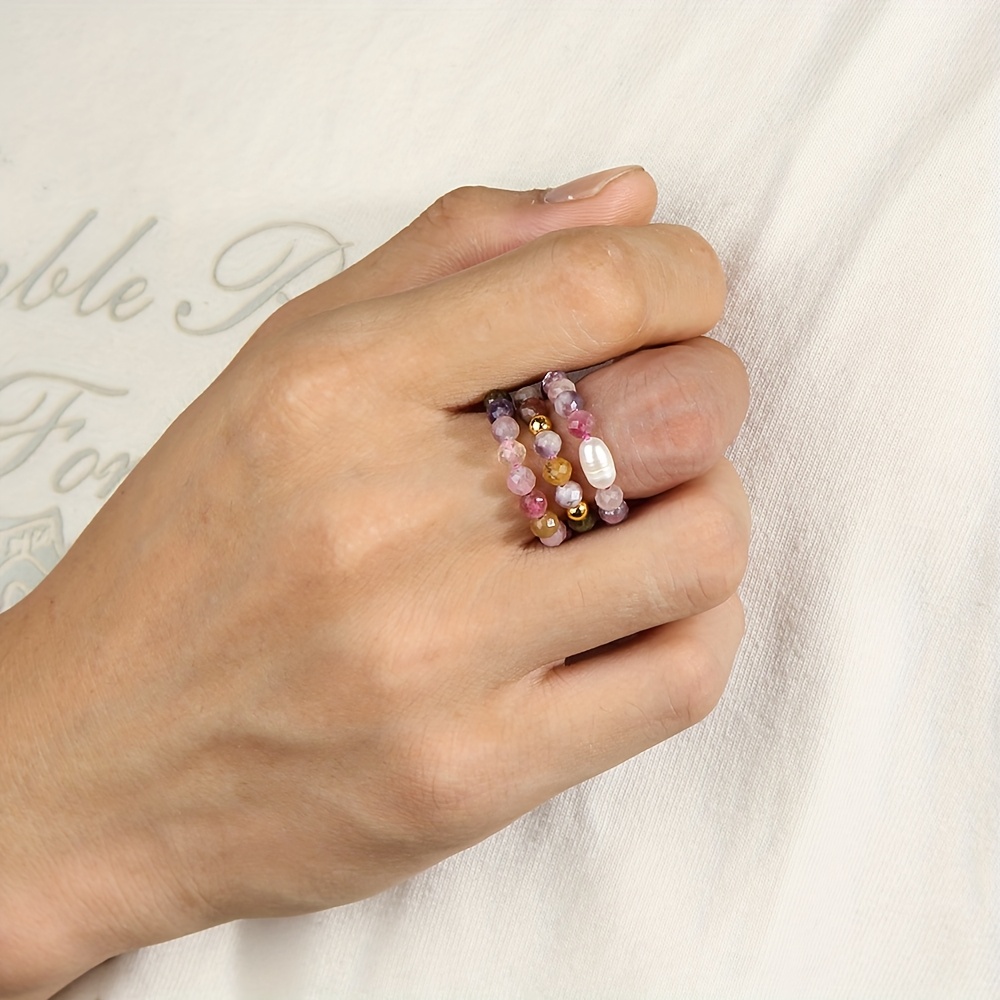 3pcs Bohemian Stone Irregular Ring Set, Featuring Natural Rings For Stacking. Irregular Beaded Rings And Handmade Multi- Elastic Beaded Rings Made Stones, , Festive Occasions, Weddings