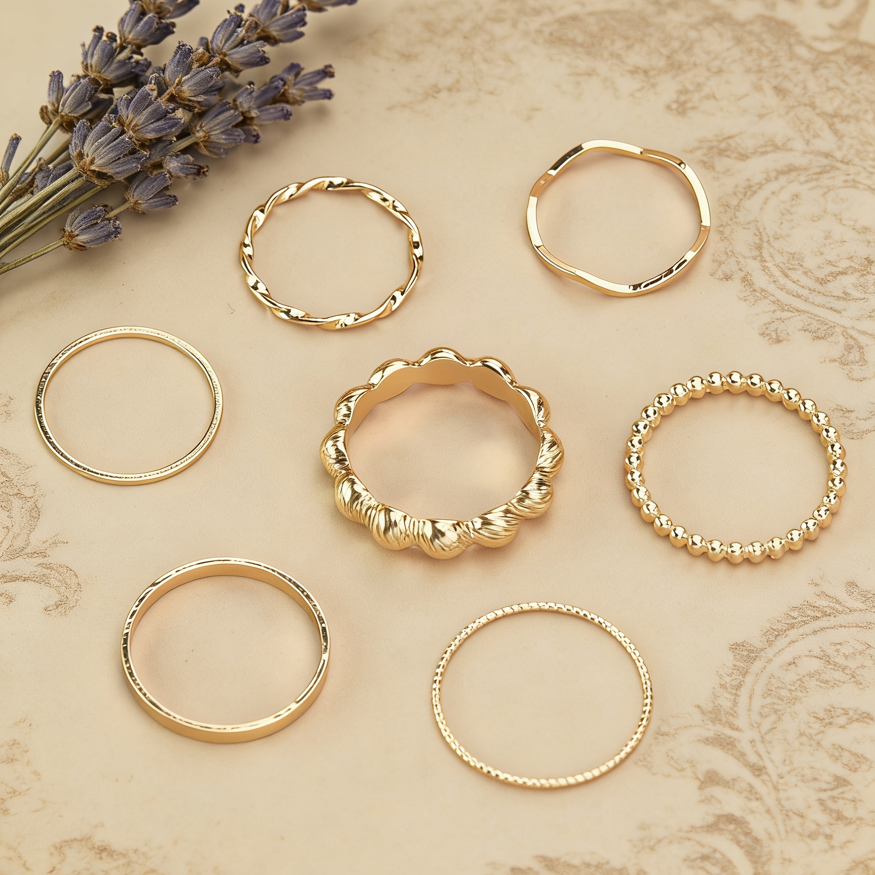 Image of A Set Of 7 Y2k Style Fashion Easy Metal Stacked Rings For Women's Holiday Birthday Dating Party Vacation Shopping Daily Additions