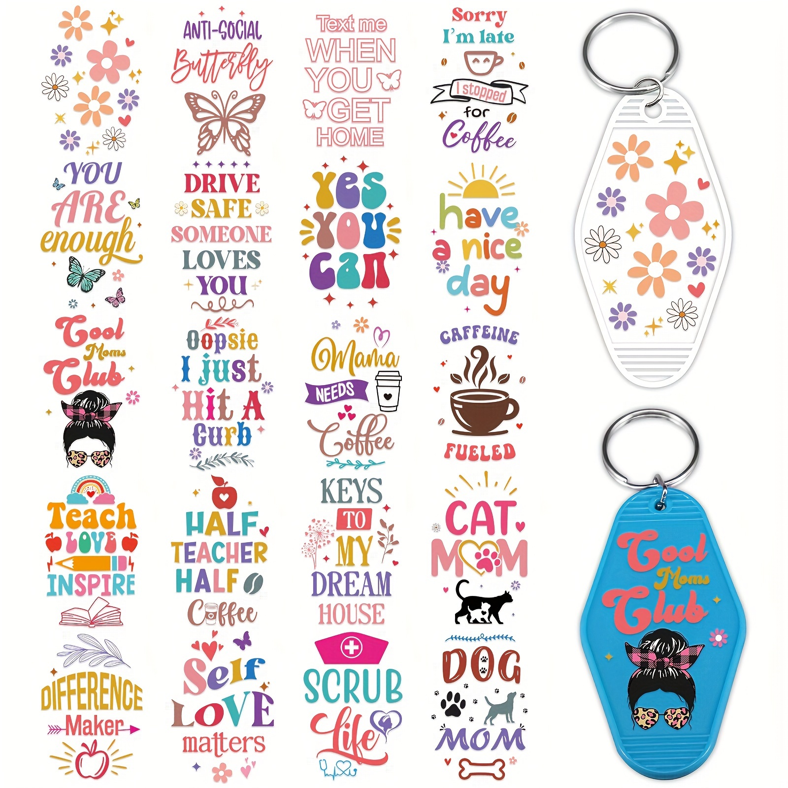 

Inspirational Uv Dtf Stickers, 80pcs, Cartoon & Motivational Designs, Waterproof Transfer Decals For Keychains, Teacher, Pet Owners, Butterfly Patterns, English Text - Paper Material