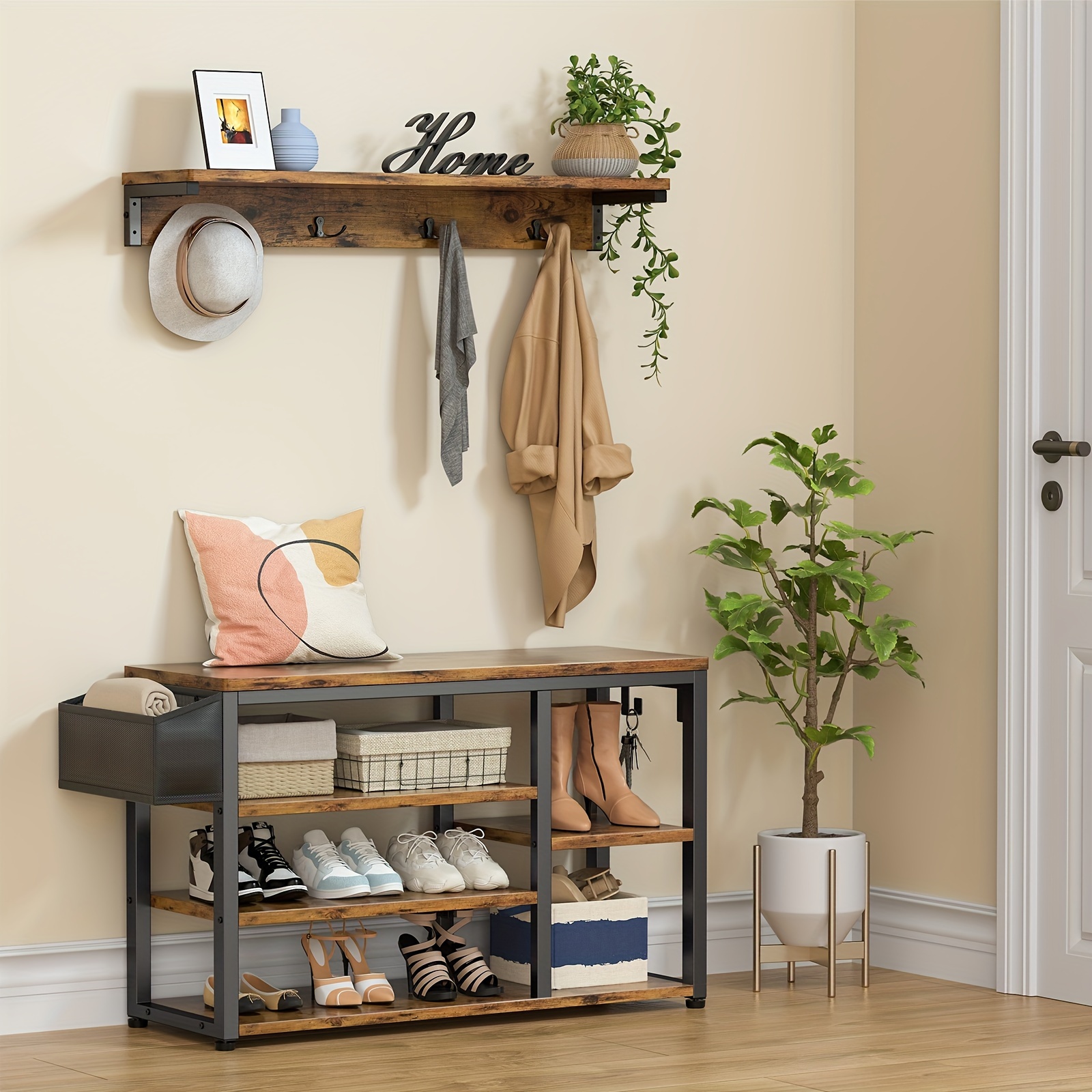 Nosepen 71.65" Hall Tree With Bench And Shoe Storage, 7-in-1