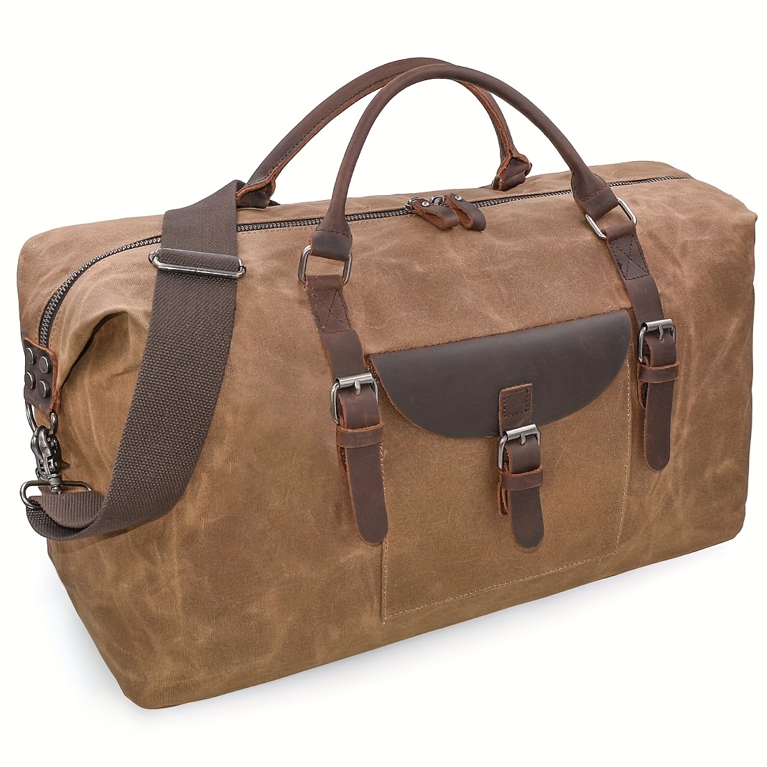 Image of Brown Unisex Vintage Hand Luggage, Large Capacity Canvas Weekender And Men's Leather Travel Bags