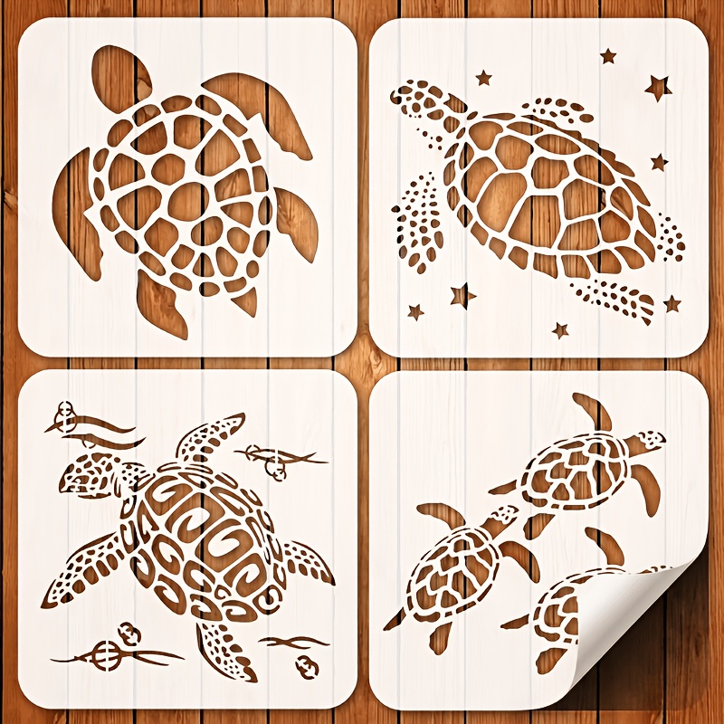 TEMU 4pcs Turtle Stencils, 6*6 Inch Reusable Painting Stencils, Ocean Animal Stencils, Sea Turtle Stencils, Diy Craft Stencils For , Fabric, Canvas,