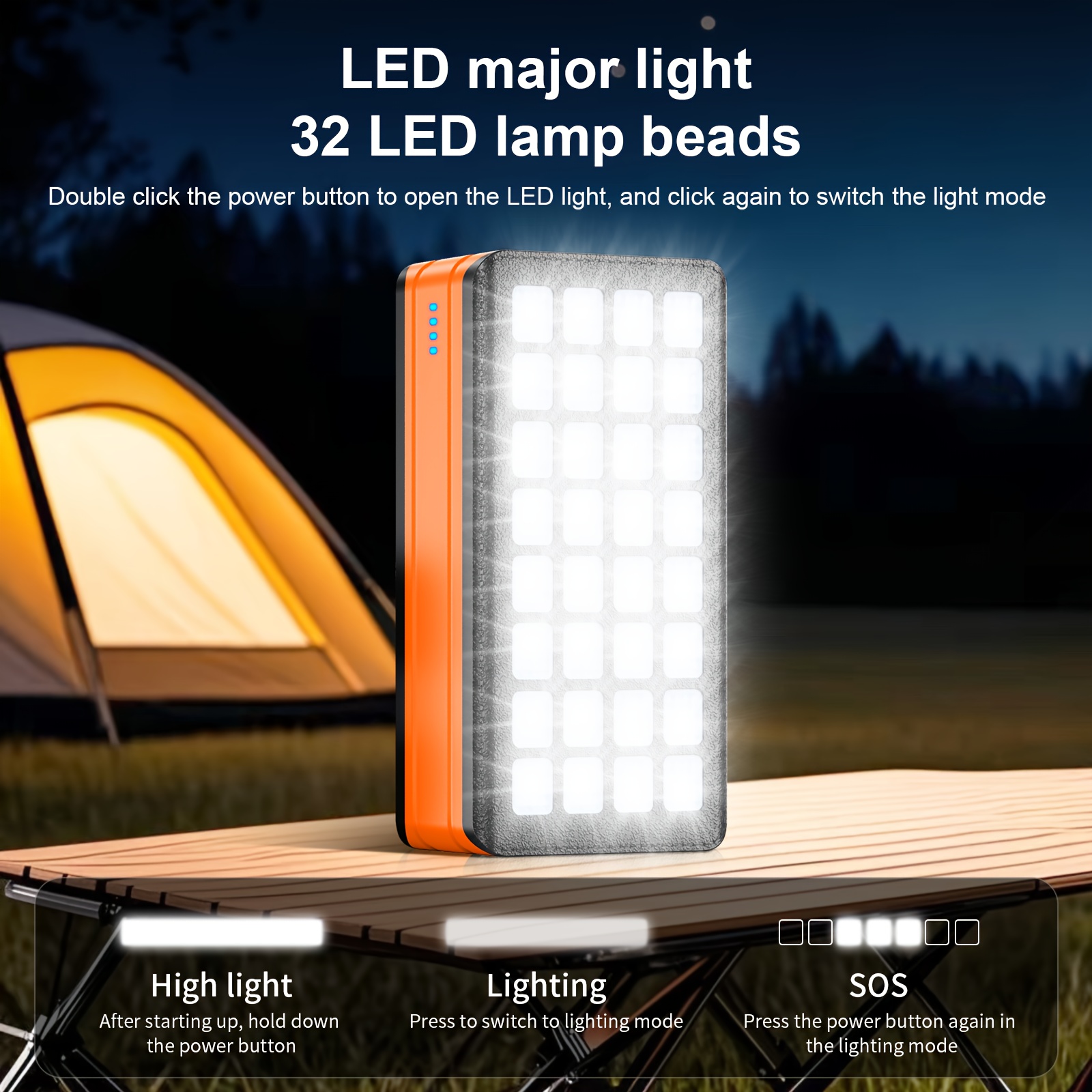 81000mah solar power bank with 32 led camping light, 30w super fast charging, 2-in-1 portable solar generator & power bank, 5-device charging, usb-c/pd/  input/output, 36v low voltage, 32 led flashlight, compact & lightweight for camping, travel, emergency backup power, mountain climbing, wilderness survival,  , solar-powered charging,  , solar power generator Product details 4