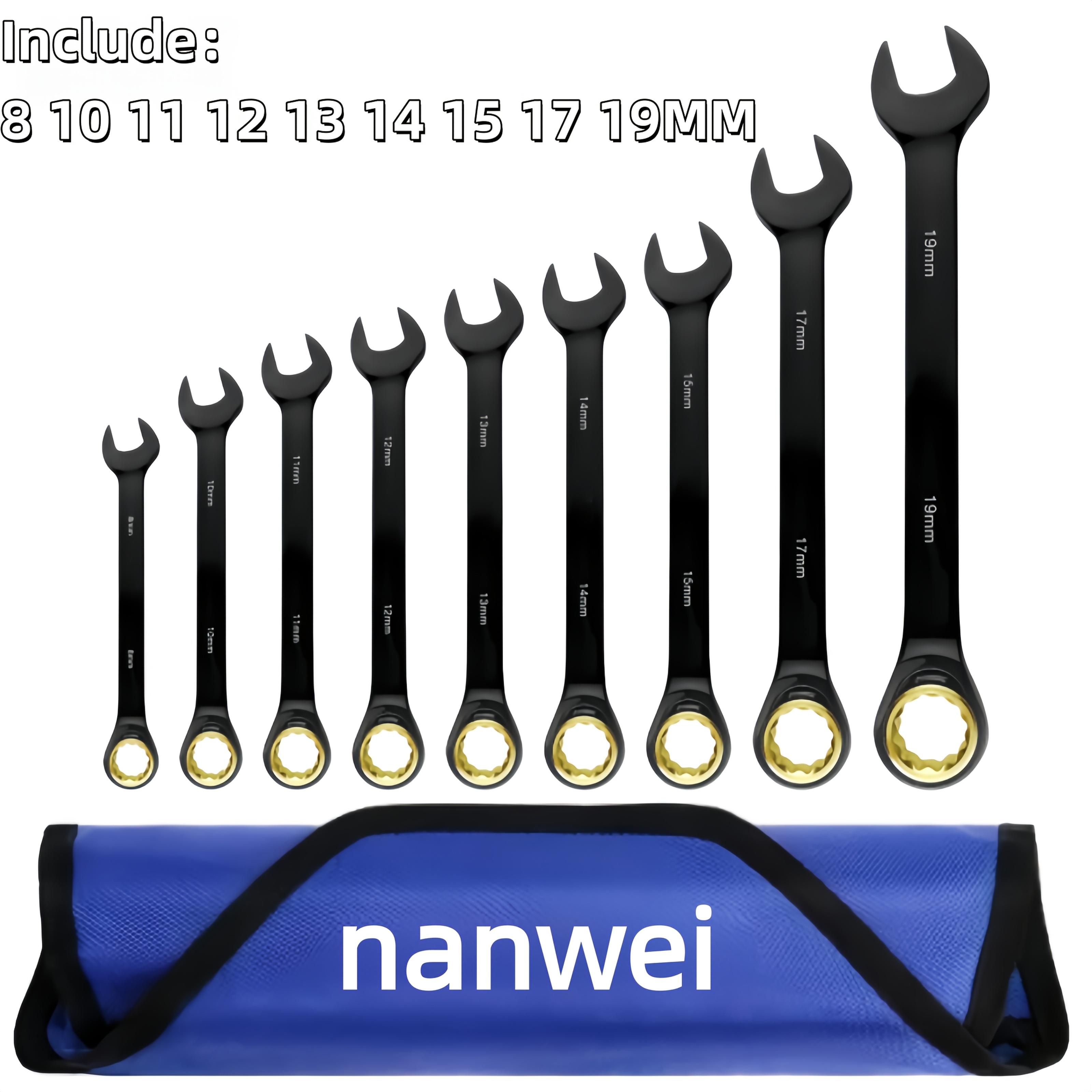 TEMU 9pcs Set Of Anti-slip Ratchet Wrenches, Metric Sizes From 8 To 19mm, Featuring 72 Teeth And A Non-slip Mechanism, Made Of Chrome Vanadium Steel,