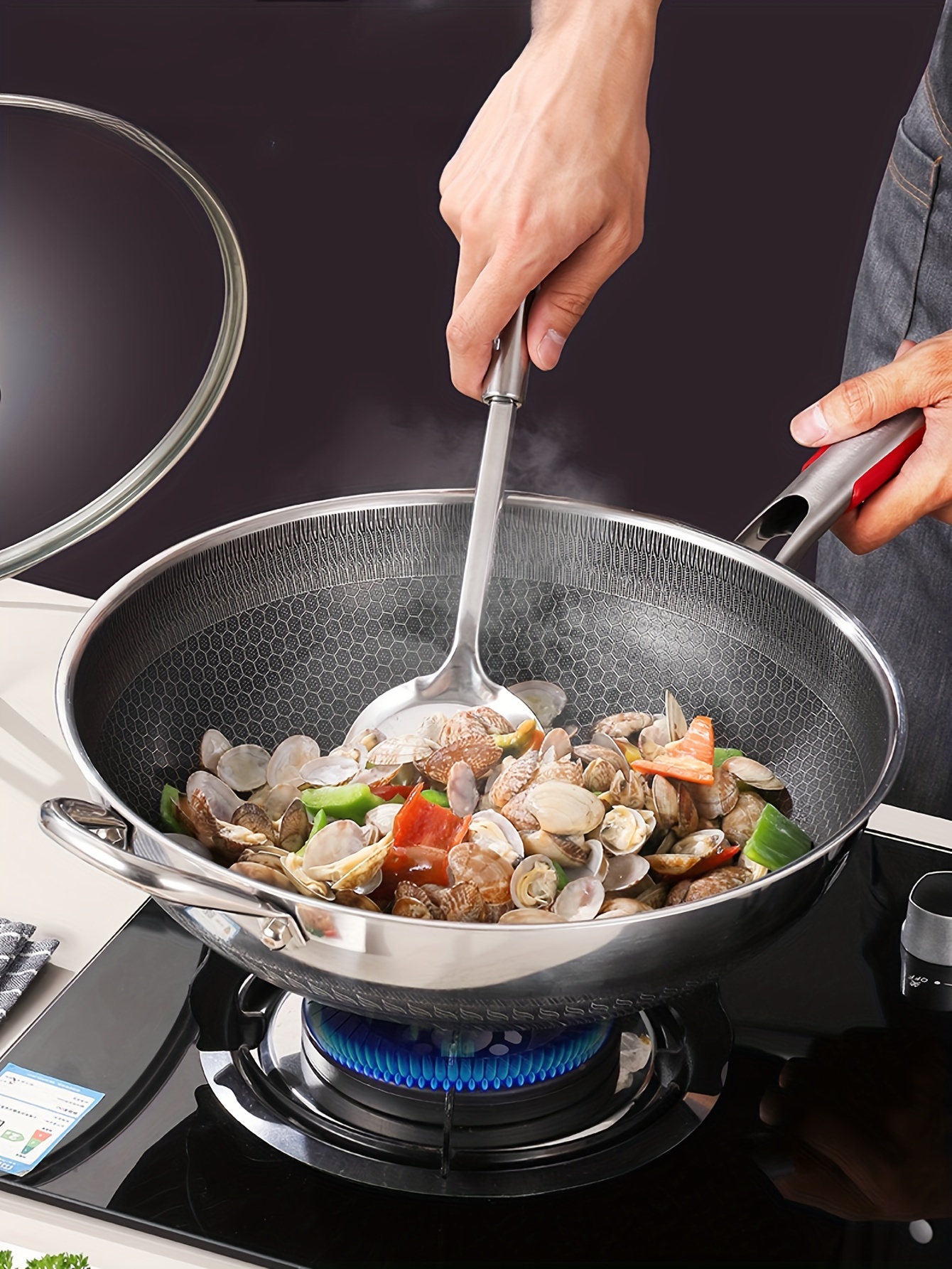 stainless steel non stick frying pan 32cm 34cm induction cooker gas stove compatible honeycomb wok design kitchen cookware for fried fish eggs steak outdoor use details 0