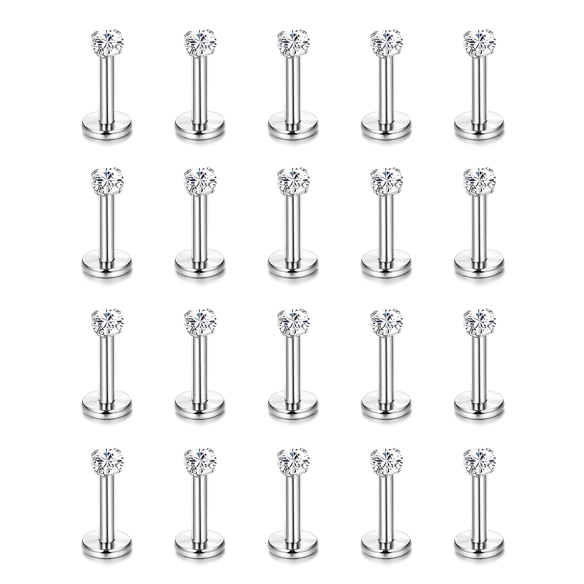 TEMU 20pcs 16g 304 Stainless Steel Nose Studs, Lip Rings, Ear Studs - 6mm 8mm 10mm Sparkling And - Multi-functional Body Piercing Accessories,
