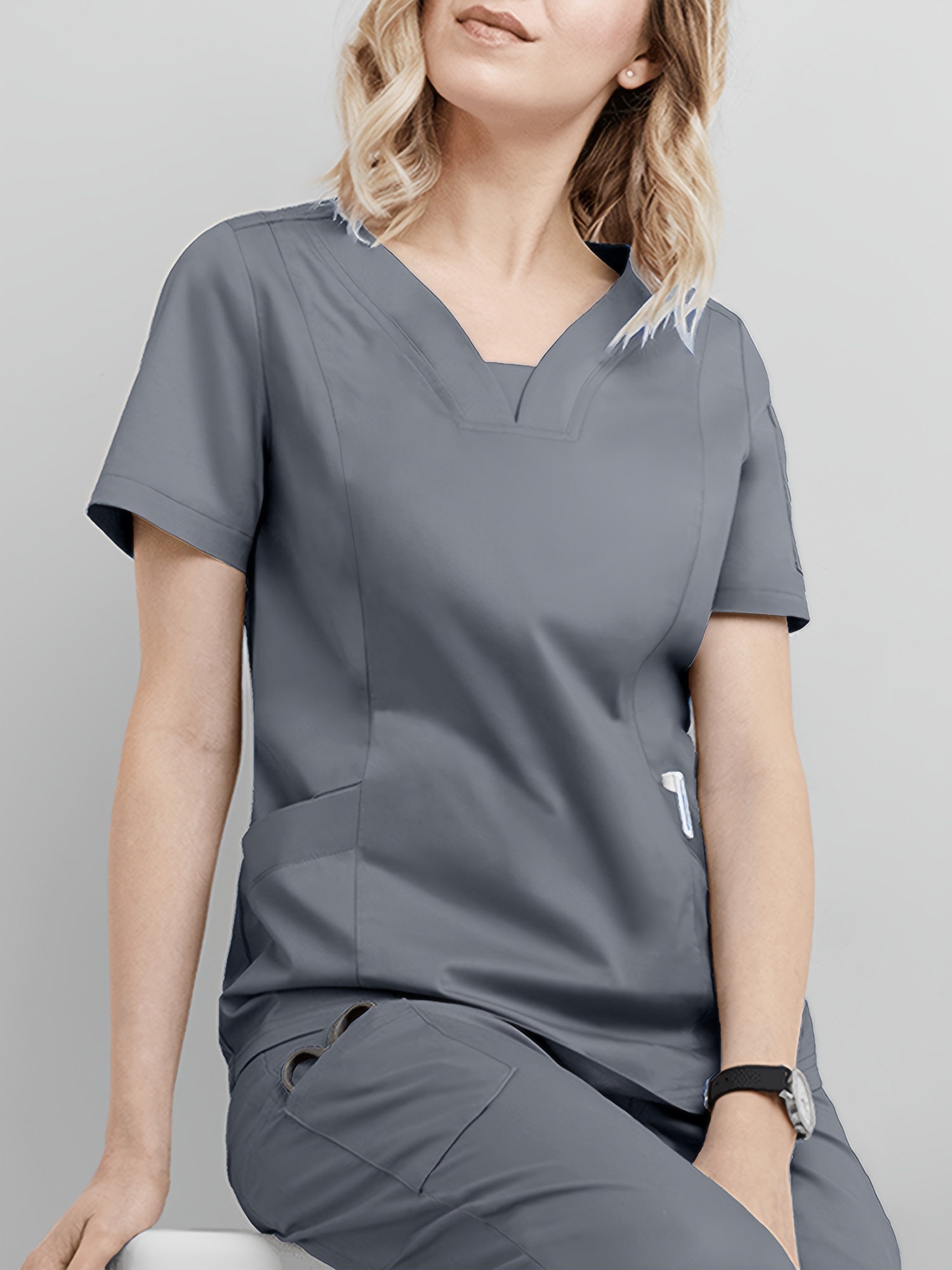 Doktor, Hemşire, Doktor, Diş Hekimi için Nefes Alabilir ve Rahat Sağlık Bakımı Üniforma, Kadın İş Giyimleri, V-Yaka 2 Cebi Bulunan Modern 2 Parça Tek Renkli Tıbbi Üniforma Takımı + Esnek Bel Tıbbi Alt Giysiler