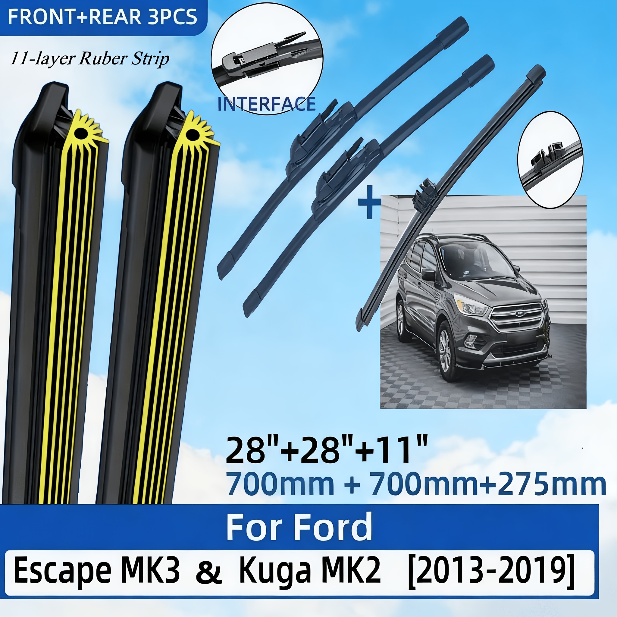 Image of For Ford Escape Mk3 Kuga Mk2 2013-2019 28"+28"+11" Front Rear Wiper Blades Windshield Windscreen Window Cutter Accessories, 11-layer Rubber Strip Wiper
