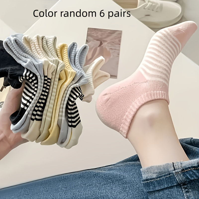 TEMU 6 Pairs Of Random Color Women's Striped Ankle Socks - Various Colors (black, White, Beige, Light Blue, Pink) - Fabric, Casual Invisible Socks,