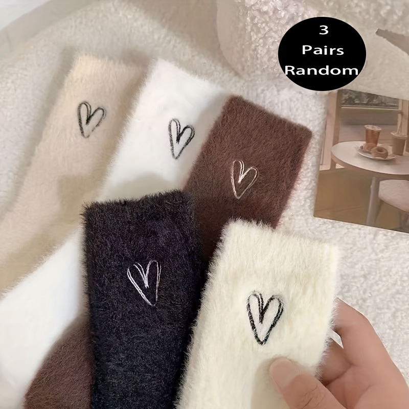 TEMU Random 3 Pairs Of Heart Socks Out Of Mixed Colors Women's Winter Fleece Thick Style Over-the-knee Socks Winter Thick Mid-calf Socks Floor Socks