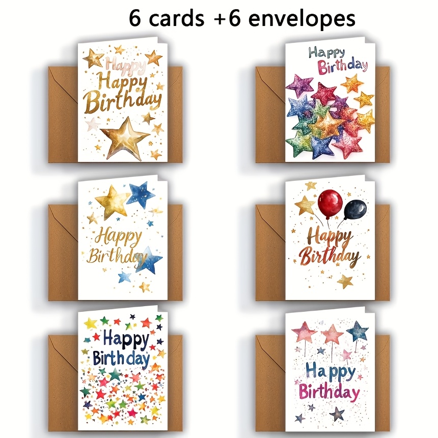TEMU 12-sheet Birthday Card Set With Envelopes - Exquisite Watercolor Star | 3d Display Of Festive Greetings, Suitable For Christmas, Birthdays, And
