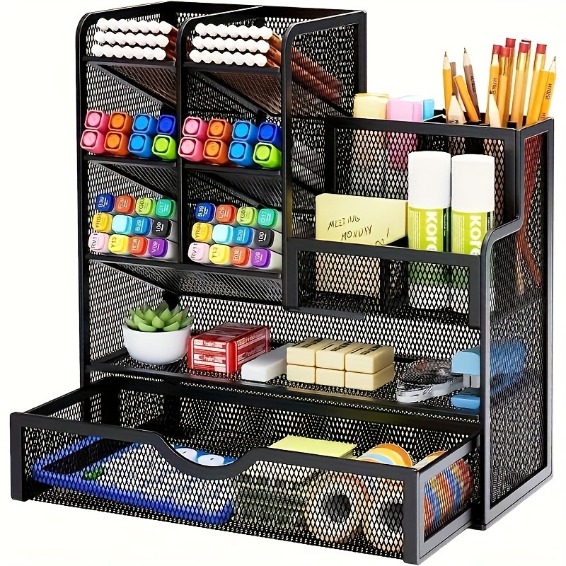 

versatile" Chic Metal Mesh Desk Organizer With Drawer - Space-saving Pen & Pencil Holder, Sturdy Office Supply Storage For Women