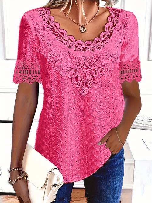 plus size womens elegant v neck blouse geometric lace detailing ruffle neckline flared hem semi sheer pullover breathable summer washable evening wear flared hem detailing