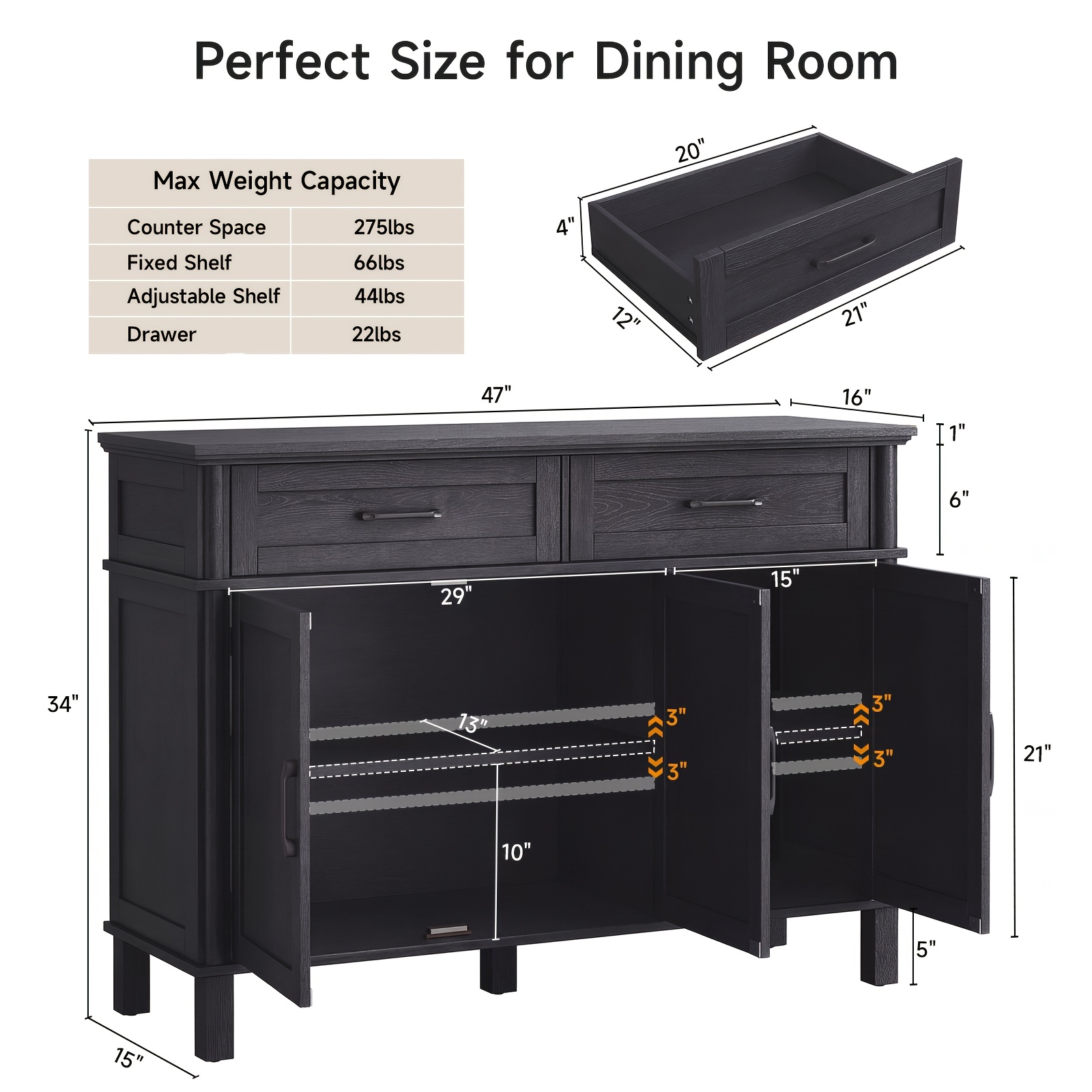 Farmhouse 48 Inch Buffet Cabinet with Storage, 48 Inch Sideboard with 2 Drawers And 3 Doors - Wood Coffee Bar Cabinet with Adjustable Shelves for Kitchen, Dining Room, Living Room
