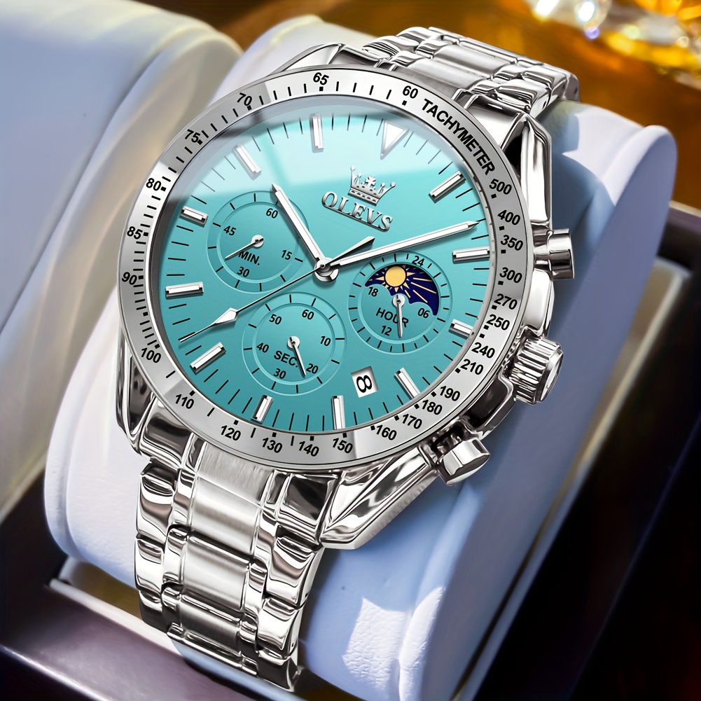 Olevs Chronograph Watches For Men Business Dress Quartz Stainless Steel Moon Phase Big Face Luminous Date Classic Mens Wrist Watches Reloj Para Hombre Black/blue/rose Golden