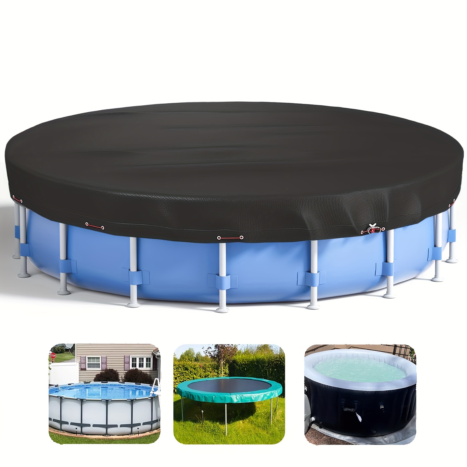 

1pc 420d Black Round Pool Cover With Wire Rope - Above Ground Pools, Enhances & Water Clean, Water Maintenance|sleek |sturdy Rope Attachment