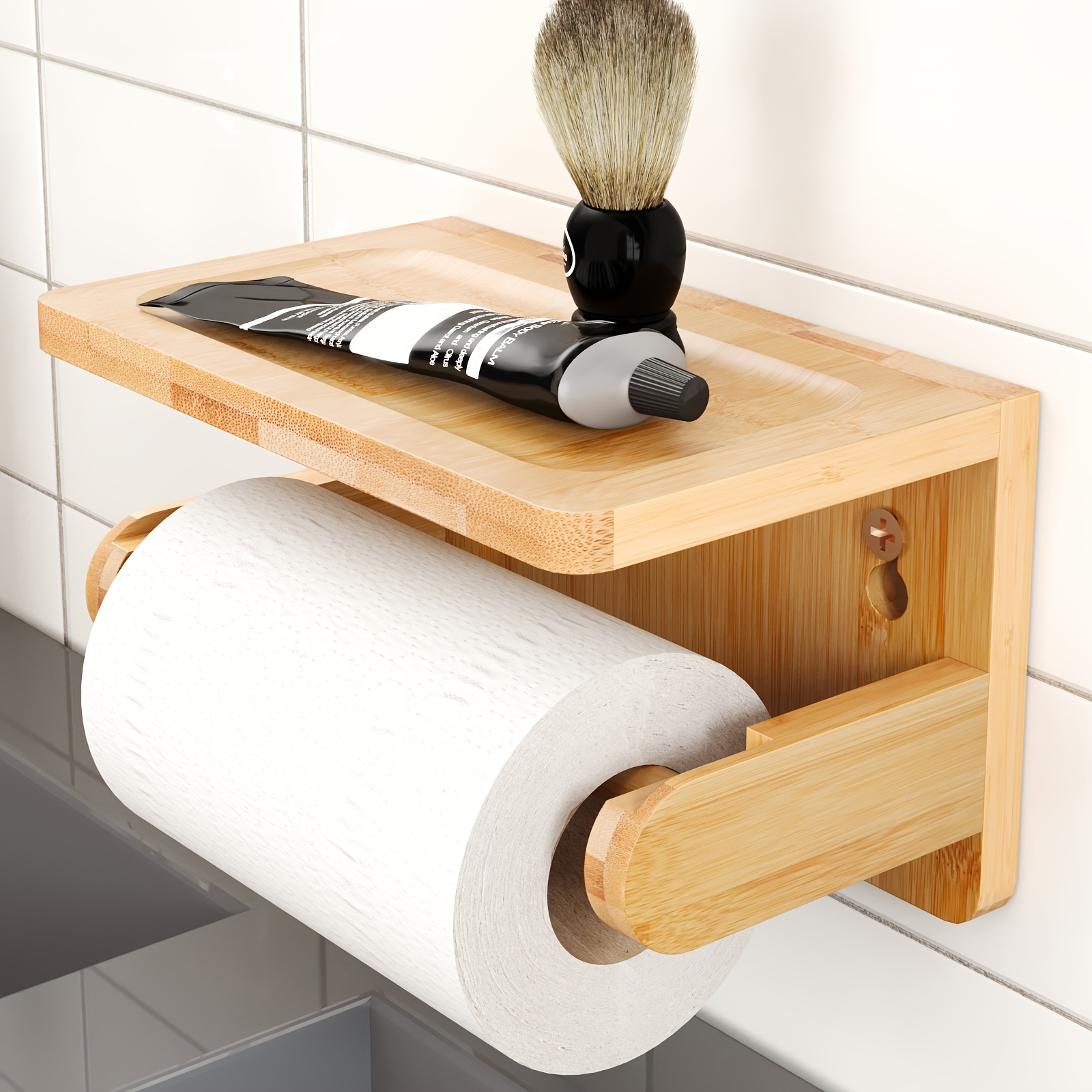 

1pc Bamboo Toilet Paper Holder With Shelf, Wall Mounted Rectangular Bathroom Tissue Roll Organizer, Multi-use Storage Rack For Toiletries And Accessories