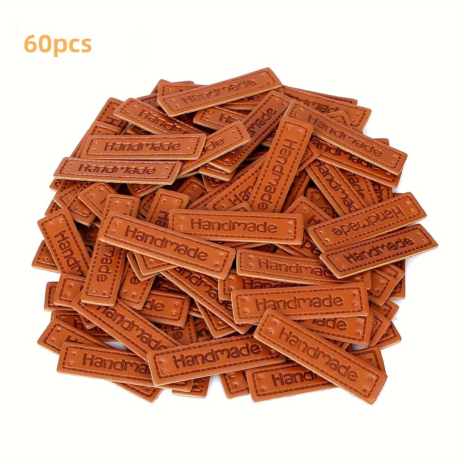 TEMU 60 Pezzi Etichette in Pelle a con Testo "Handmade" e Preforati - Etichette Durevoli per Fai da Te, Adatte per Gioielli, Portafogli, ,
