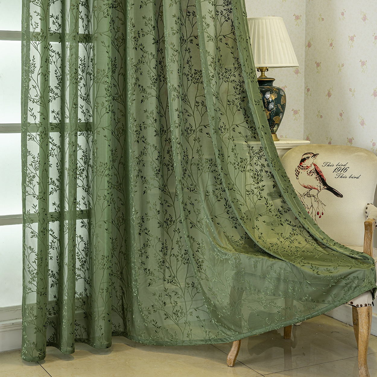 E-shop 2-teiliges Bohemian French Plant Jacquard Semi-Transparente Gardinen, Ring zum Aufhängen, Moderner Struktur-Stoff, Lichtreduzierend, Wohnkultur
