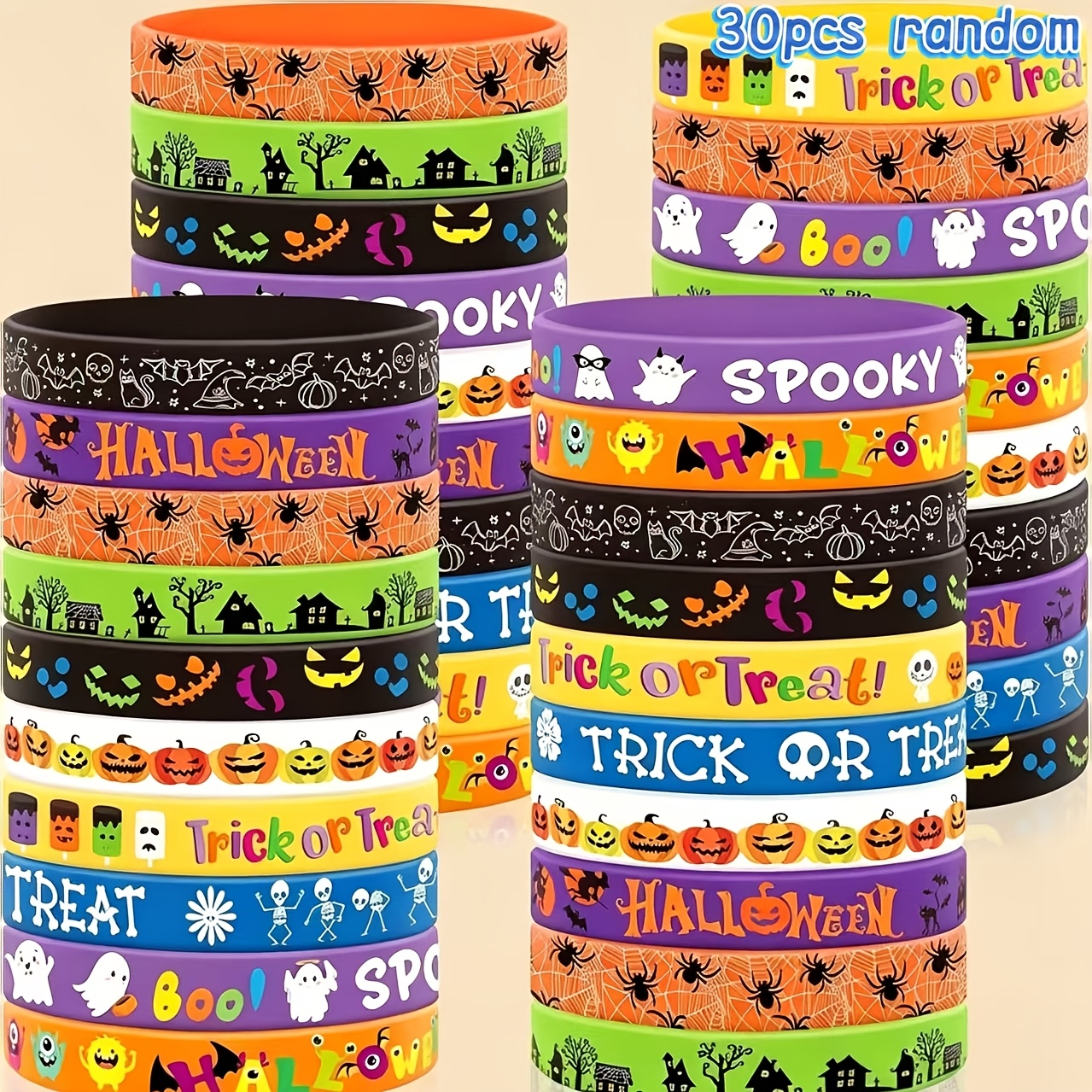 Image of Gift For Her/him 10/20/30pcs Halloween Silicone Wristband Set, Assorted Random Printed Bracelets, Trick Or Treat Party Decor, Classroom Holiday Gifts Prizes Christmas