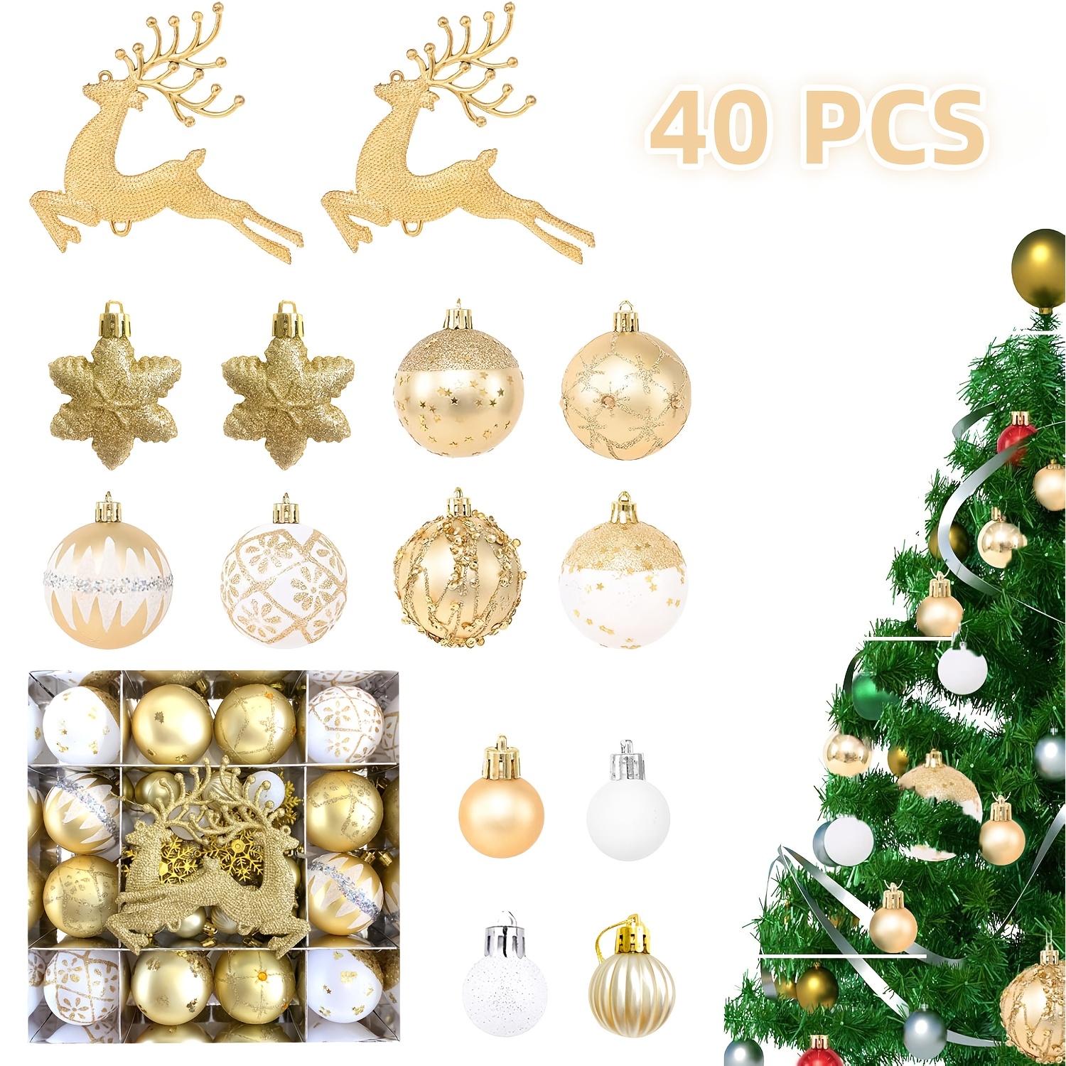 

40pcs Christmas Ornament Set - Shatterproof Plastic Balls With Snowflakes, Ice Bars & Running For Holiday Decorations And Gifts, Decorations For Christmas, Christmas Decor