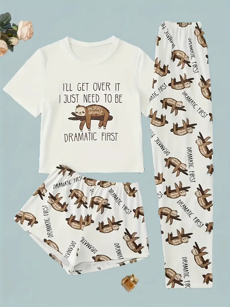 sense pajamas for women three piece set with sloth bear pattern short sleeves high end clothes Product details 0
