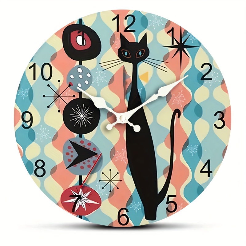 

1pc Mid-century Modern Cool , Quirky World Cat Round Wall Clock, Silent Quartz Wooden Clock For Bedroom Living Room Office Kitchen Bathroom Decor, Aa Battery Powered (batteries Not Included)