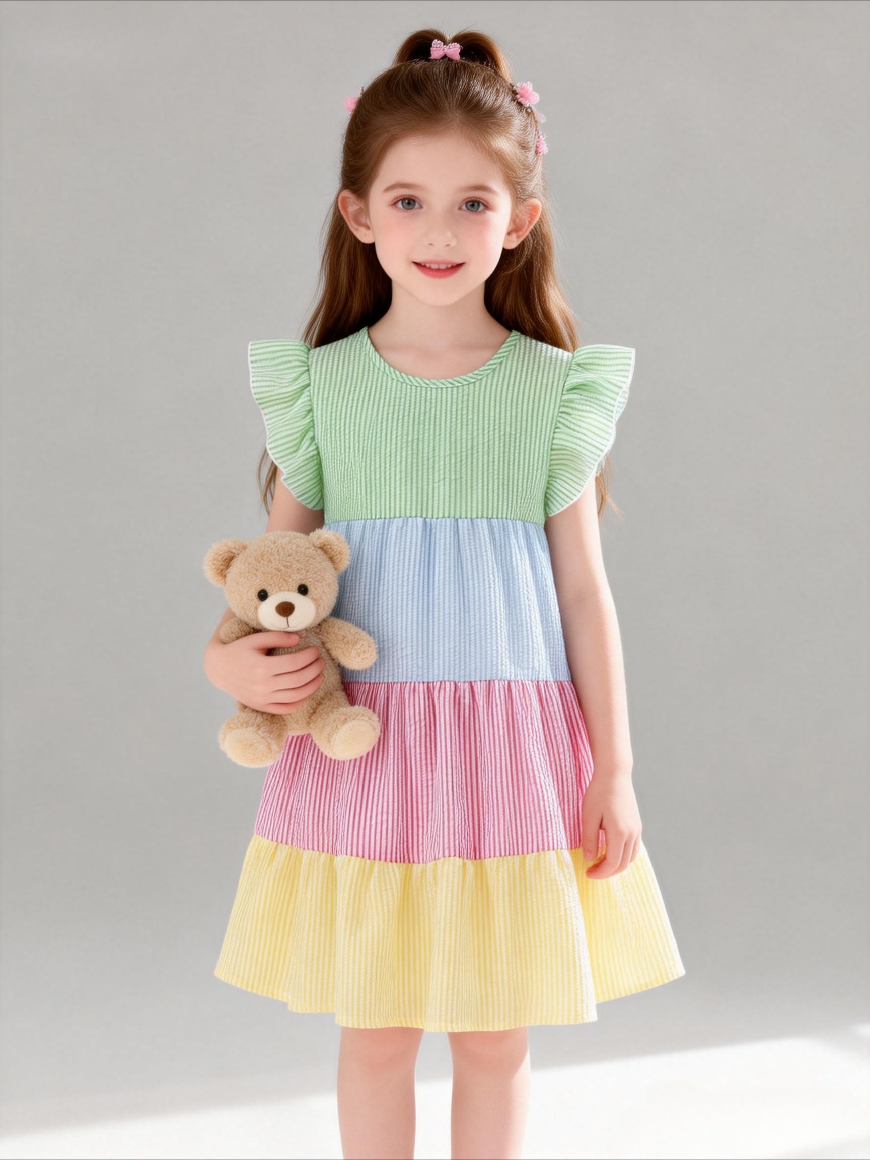 strapless open back dress Pastel Striped Colorblock Puff Sleeve Dress – SNAP-Something New And Pretty main image 0