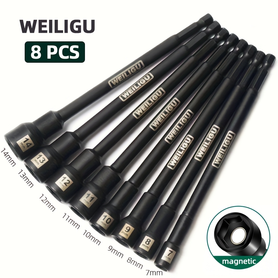 TEMU 8pcs 150mm Extended Black Diamond Socket Set With Magnetic Tip, Includes 7mm, 8mm, 9mm, 10mm, 11mm, 12mm, 13mm, 14mm, Phosphated Hardened