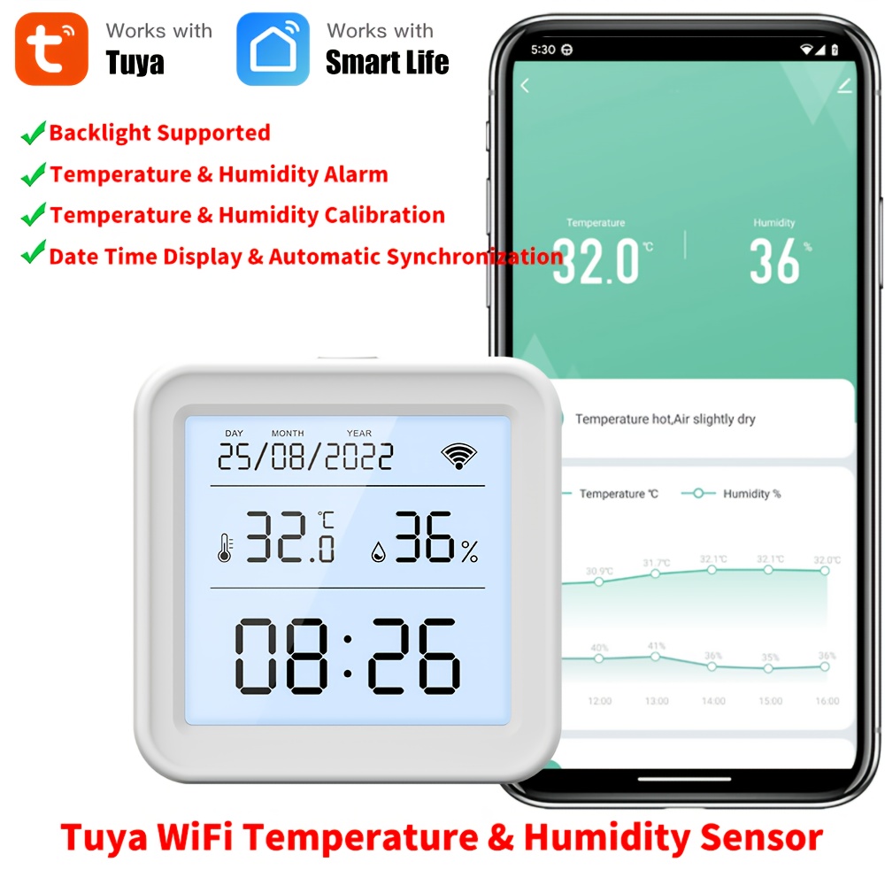   wifi temperature humidity sensor thermometer hygrometer   control via for   backlight for smart home work with alexa and  
