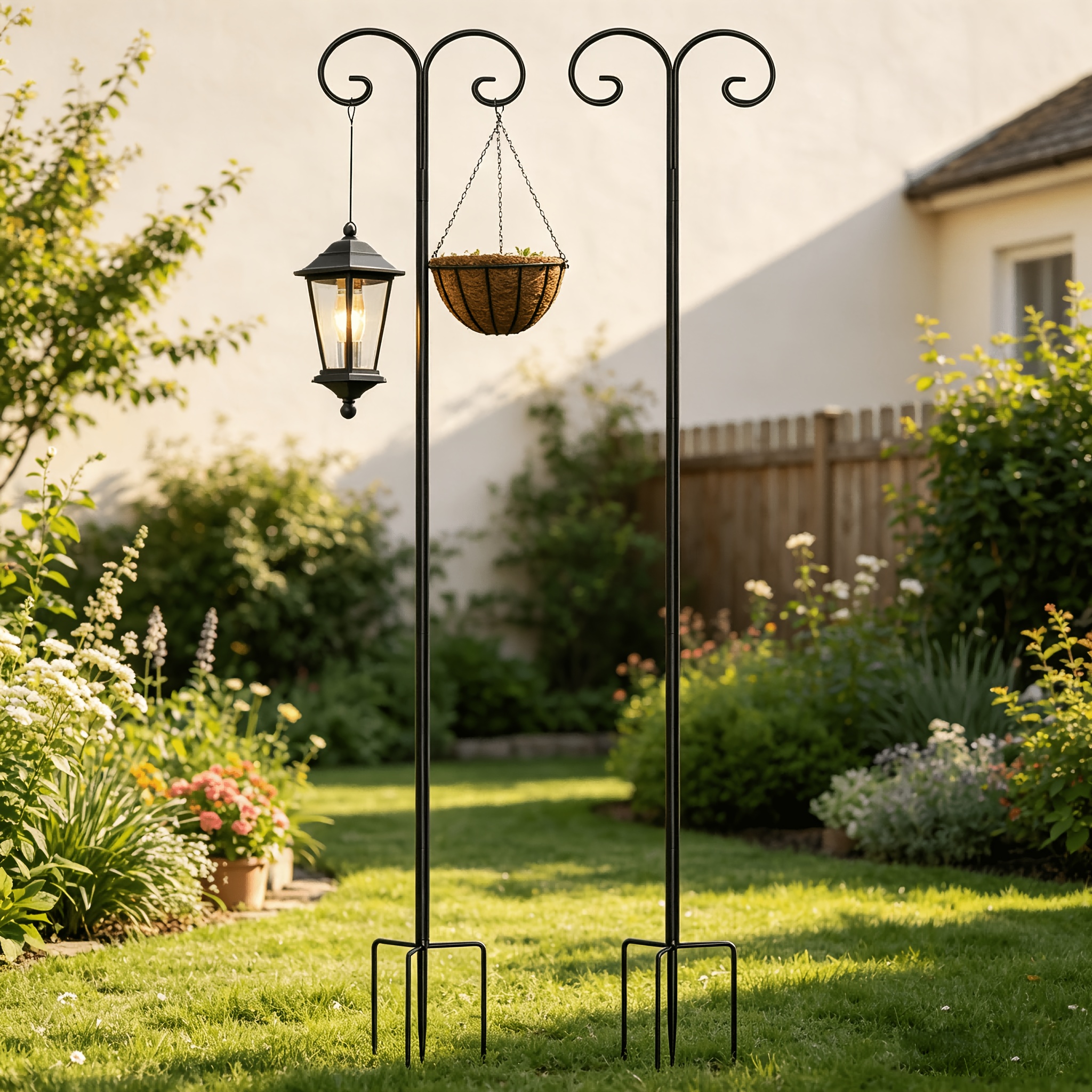Image of Outdoor Double Collie Hook 2pcs Mounted Bird Feeding Pole With 4-claw Base, Heavy Duty Garden Hook, Suitable For Hanging Plants, Lanterns, Hummingbird Feeders About 241cm Adjustable