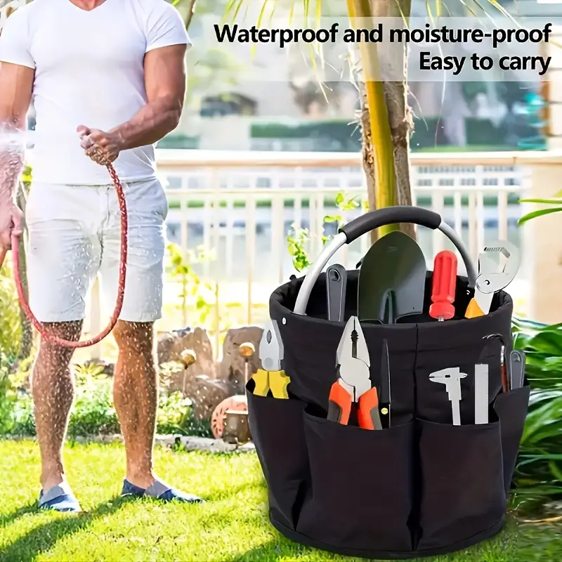 heavy duty high quality oxford fabric multi pocket foldable tool organizer bag portable storage tote for gardening diy with ergonomic handle black navy olive essentials carrier durable construction details 0