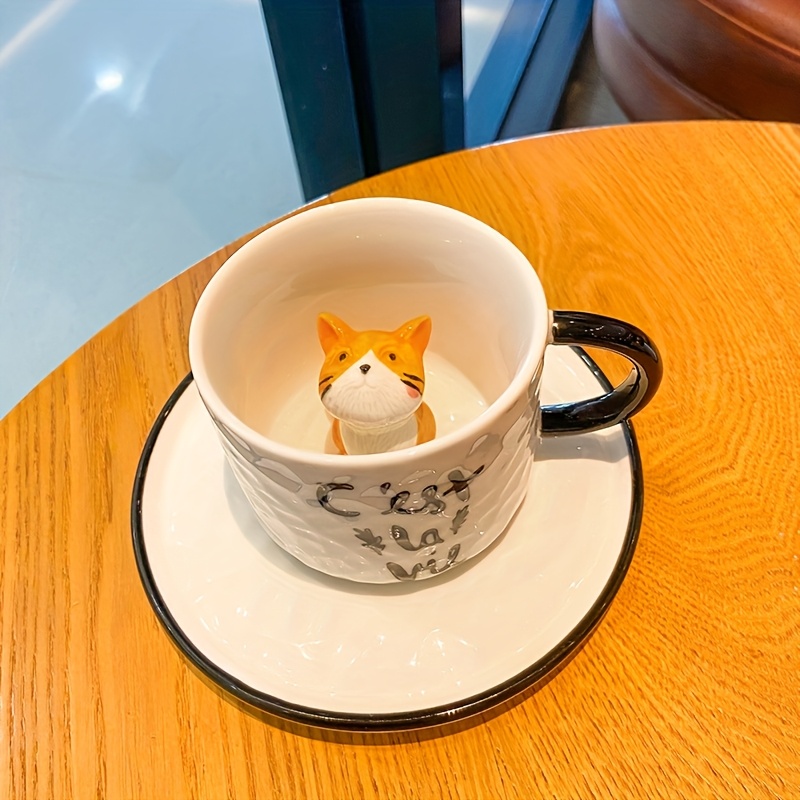TEMU 【商品名】セコーヒーカップ ハンマーテクスチャ フランス語「」黒文字と植物柄 白いボディと黒い猫のエンボスデザイン スプーン付き デイリーのに癒やしのカップ