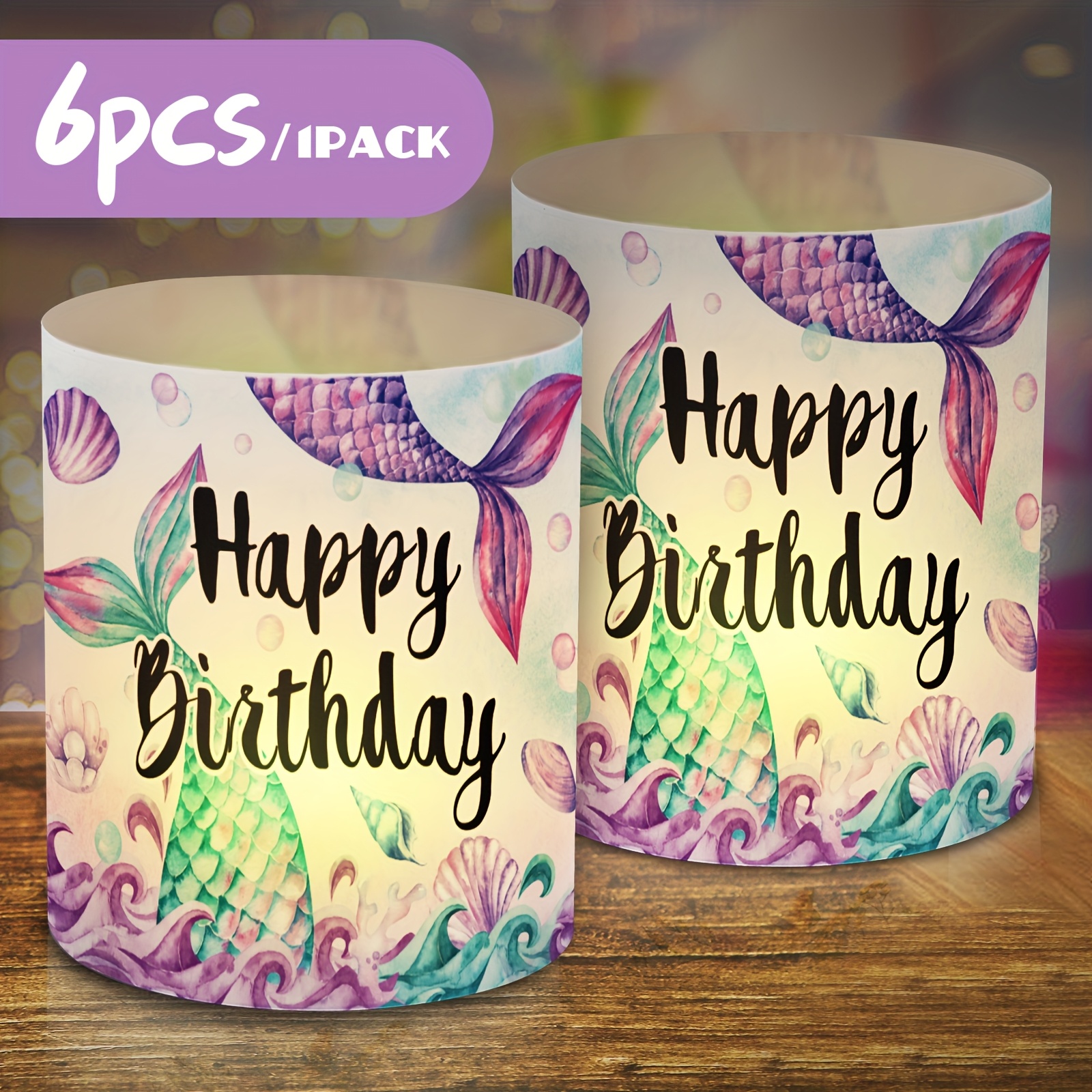 Image of 6pcs Purple Tail Theme Birthday Lantern Desktop Decoration Set, Creative Happy Birthday Table Decoration, Romantic And Mermaid , Exquisite Lampshade Decoration