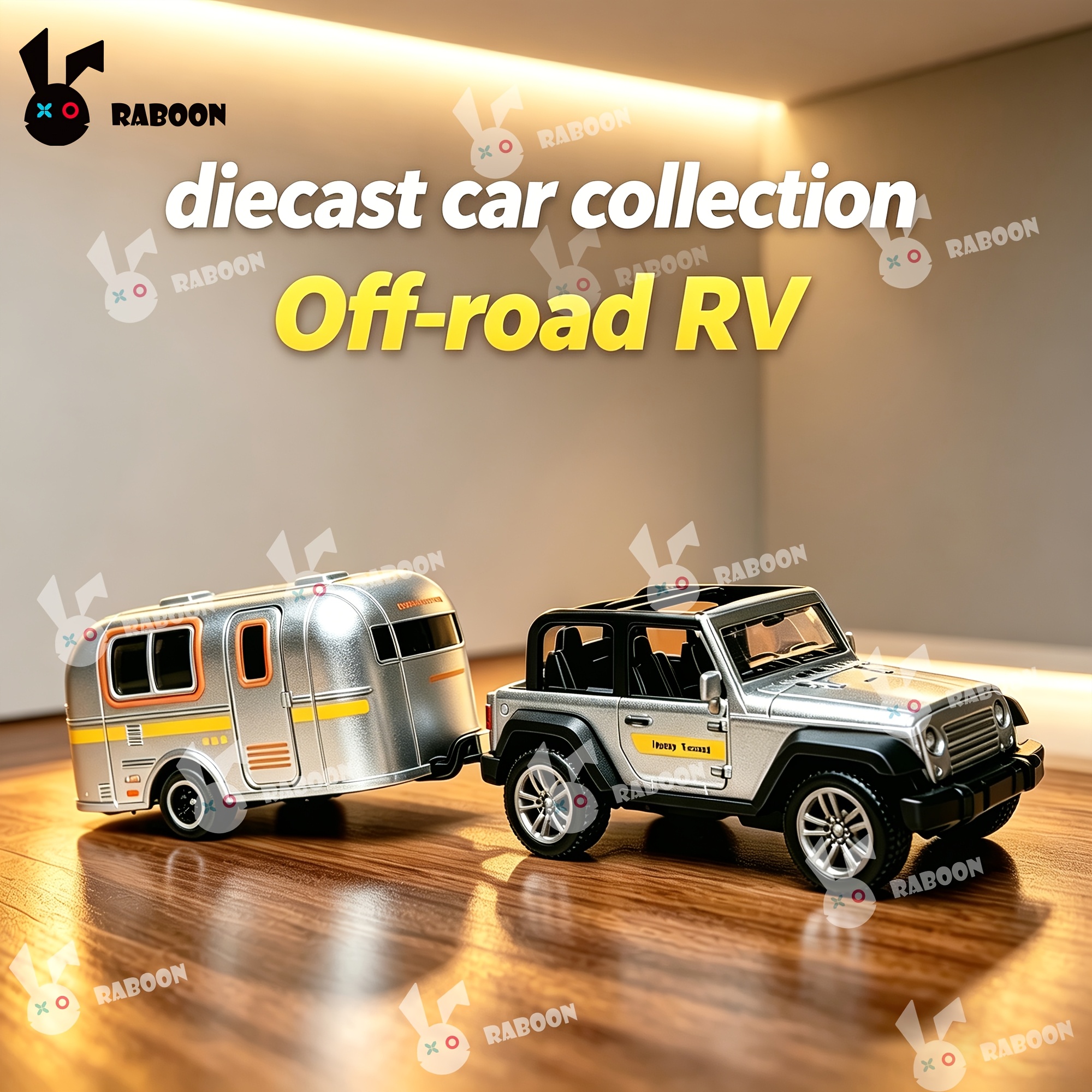 Image of Alloy Car Model, 1:36 Vintage Silvery Off-road Vehicle With Camping Rv, Pull Back Drive, Openable Doors, Detachable Trailer, Collectible Toy For Boys Girls Birthday Gift