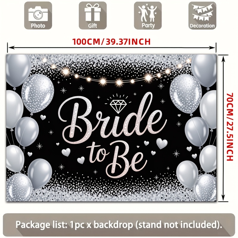 TEMU 2d Flat, [party Banners] 2d Flat Banner, 1pc Bride To Be, Rose Golden Glitter Text, Silver Balloon, White Heart, Black Backdrop Polyester