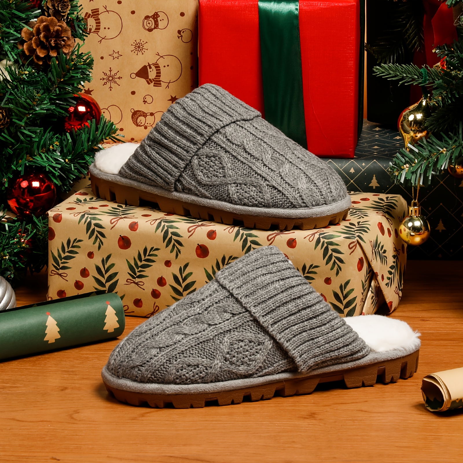 

Cozy Women's Knit Slippers - Plush Lined, Non-slip Sole, Indoor/outdoor , Gray Cable Knit Design, House Shoes For Holiday Gifting, Ladies Slippers