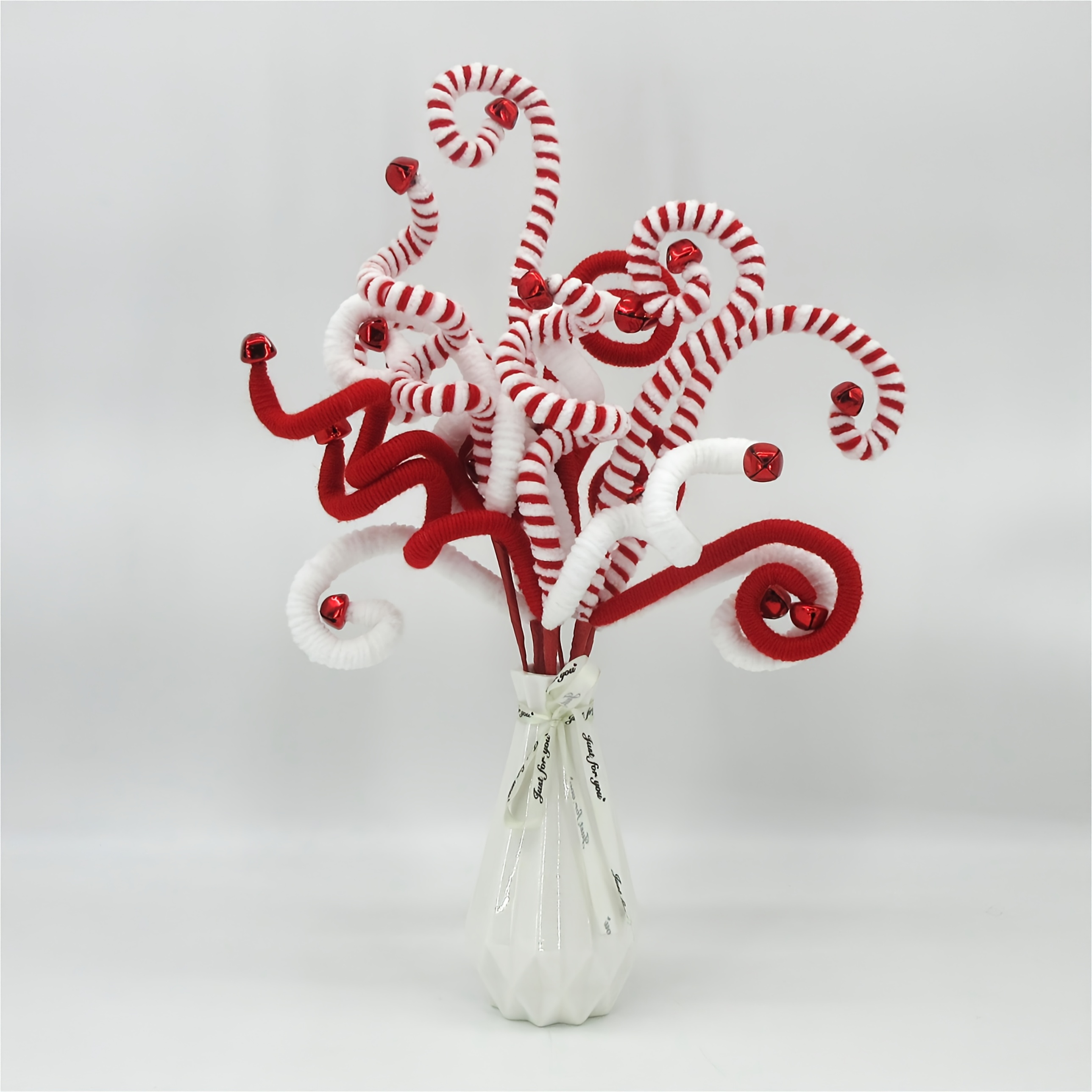 TEMU Branche en fil de chenille rouge/blanc de 16 po (6 pcs/sachet) de avec clochette X3 PICK, façonnée en plusieurs , convient pour les décorations