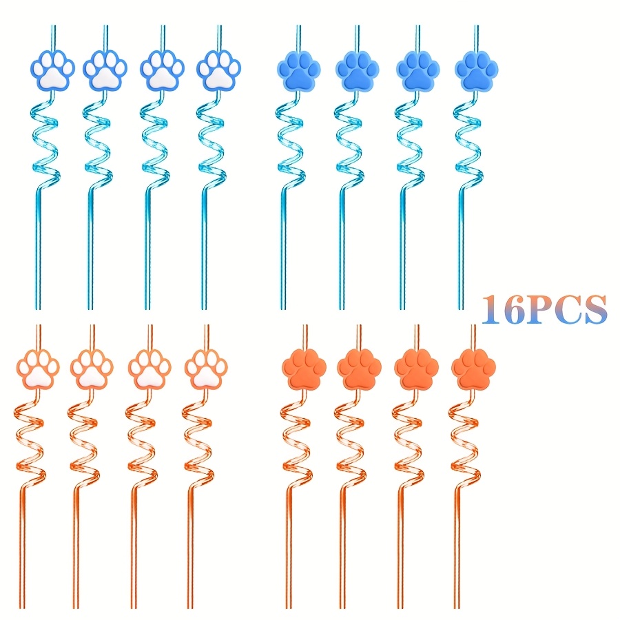 TEMU 8/16pcs Reusable Spiral Plastic Straws With Paw Print Design - Food-safe Durable Drinkware For Pet Parties, Themed Events, Kitchen & Dining -